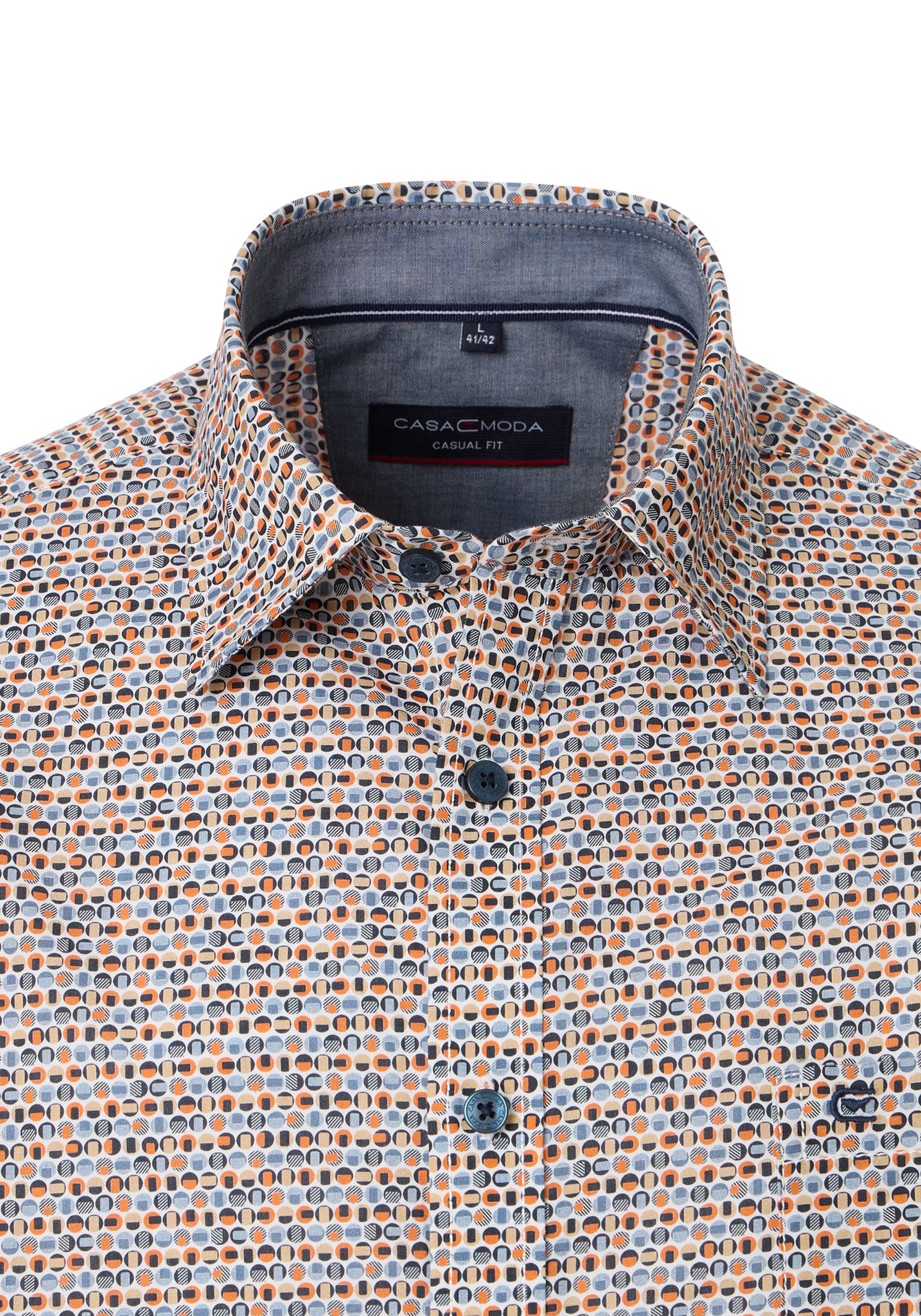 CASA MODA Sport casual fit overhemd, korte mouw, popeline, wit met oranje en blauw dessin