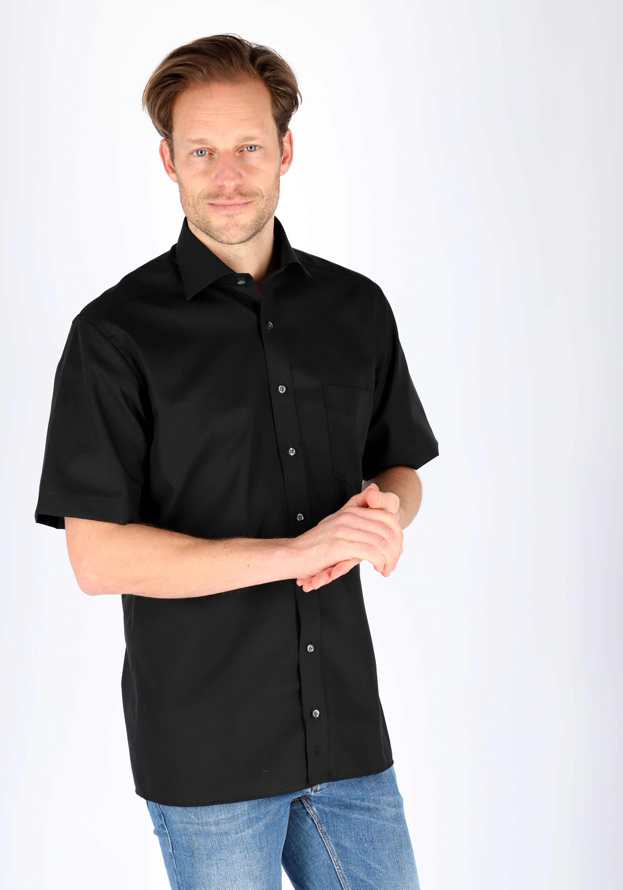 ETERNA modern fit overhemd, korte mouw, poplin heren overhemd, zwart