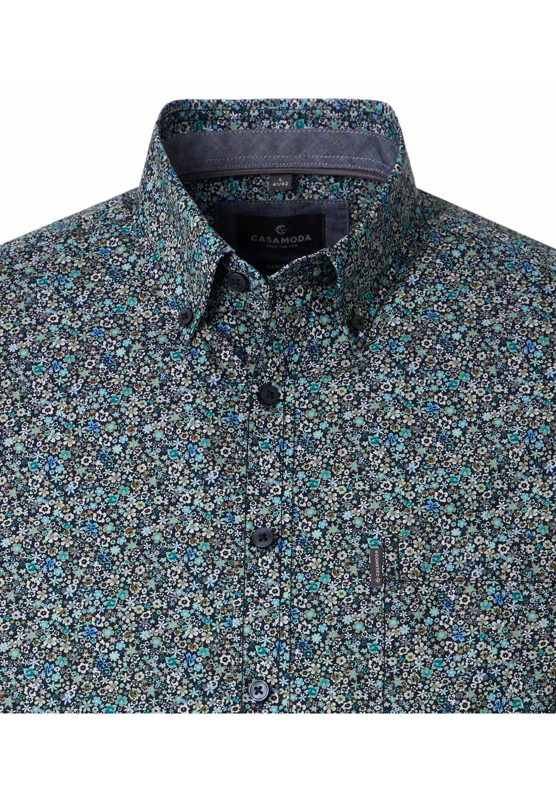 CASA MODA Sport casual fit overhemd, korte mouw, popeline, blauw met groen en grijs fijn bloemetjes dessin