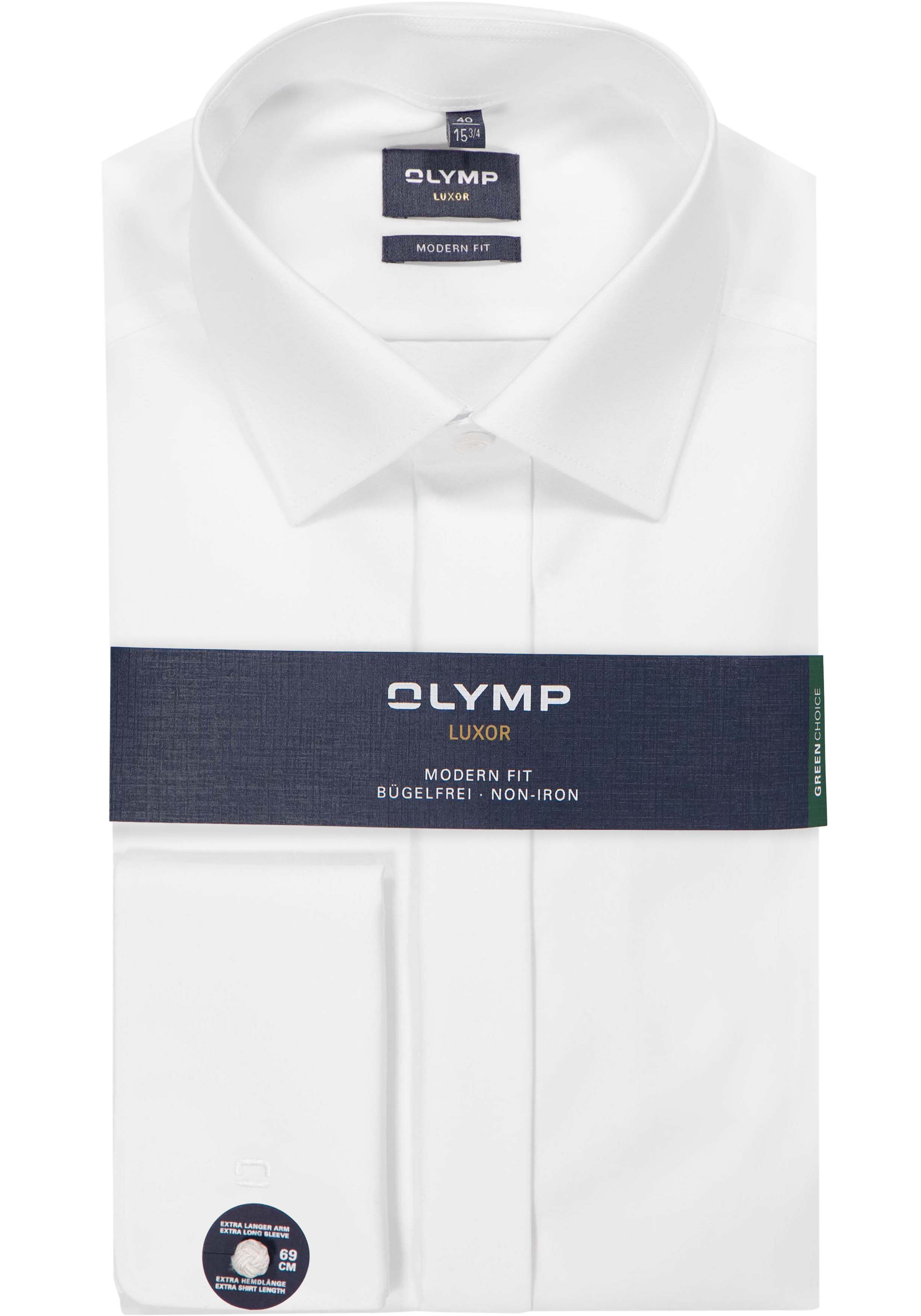 OLYMP Luxor modern fit overhemd, smoking overhemd, mouwlengte 7, wit met Kent kraag