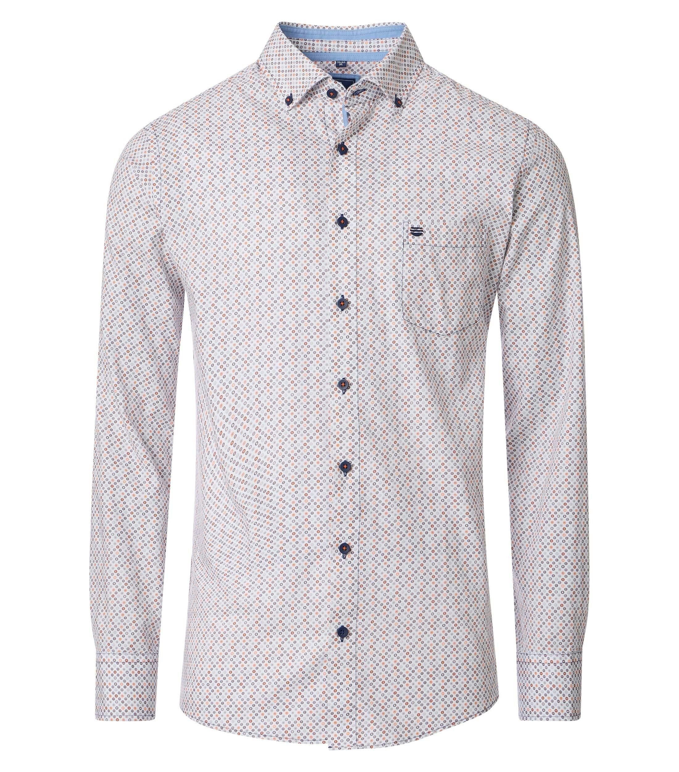 Redmond comfort fit overhemd, popeline, wit met blauw en oranje dessin