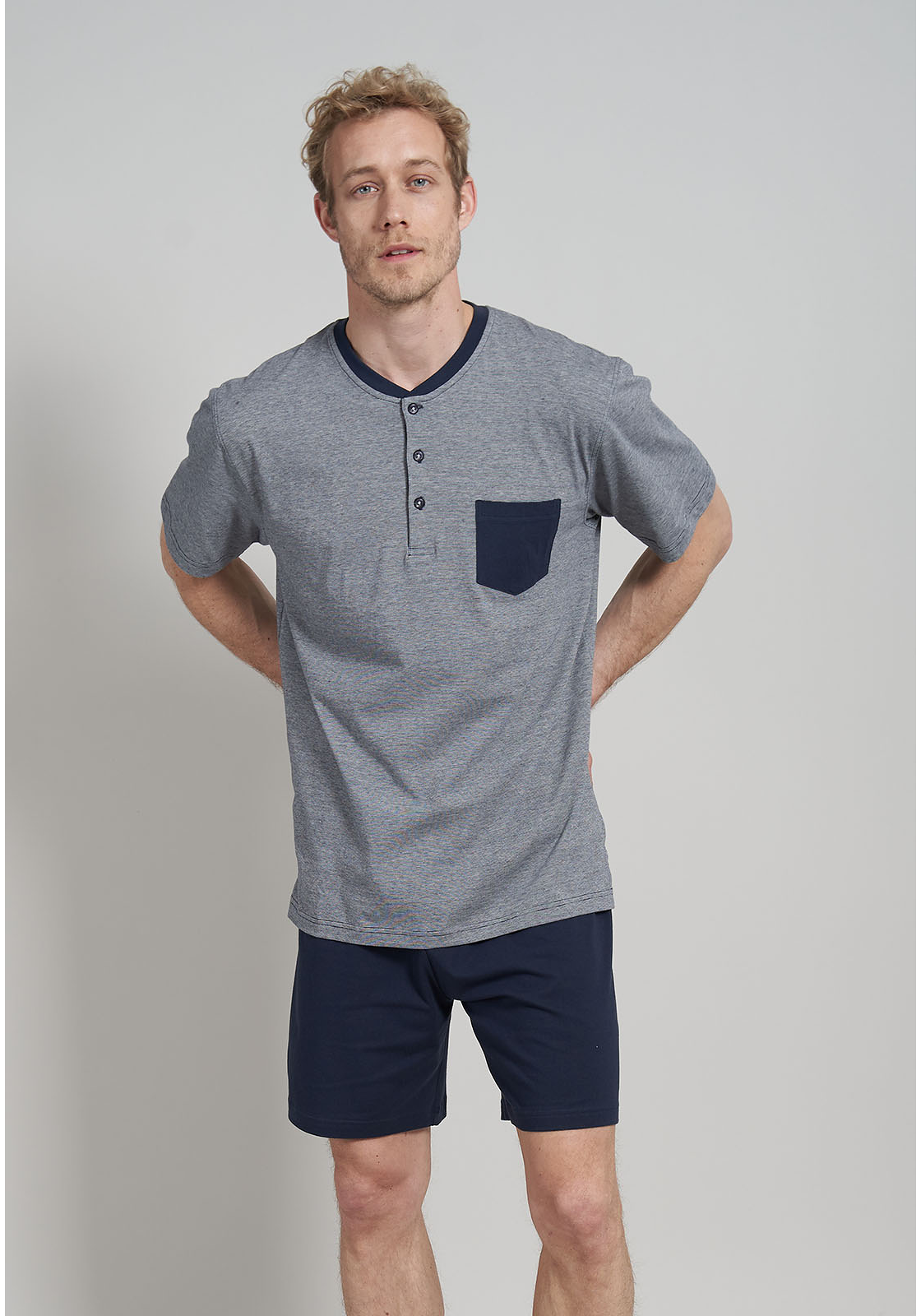 image-54 Ceceba heren shortama O-hals met knoopjes, donkerblauw