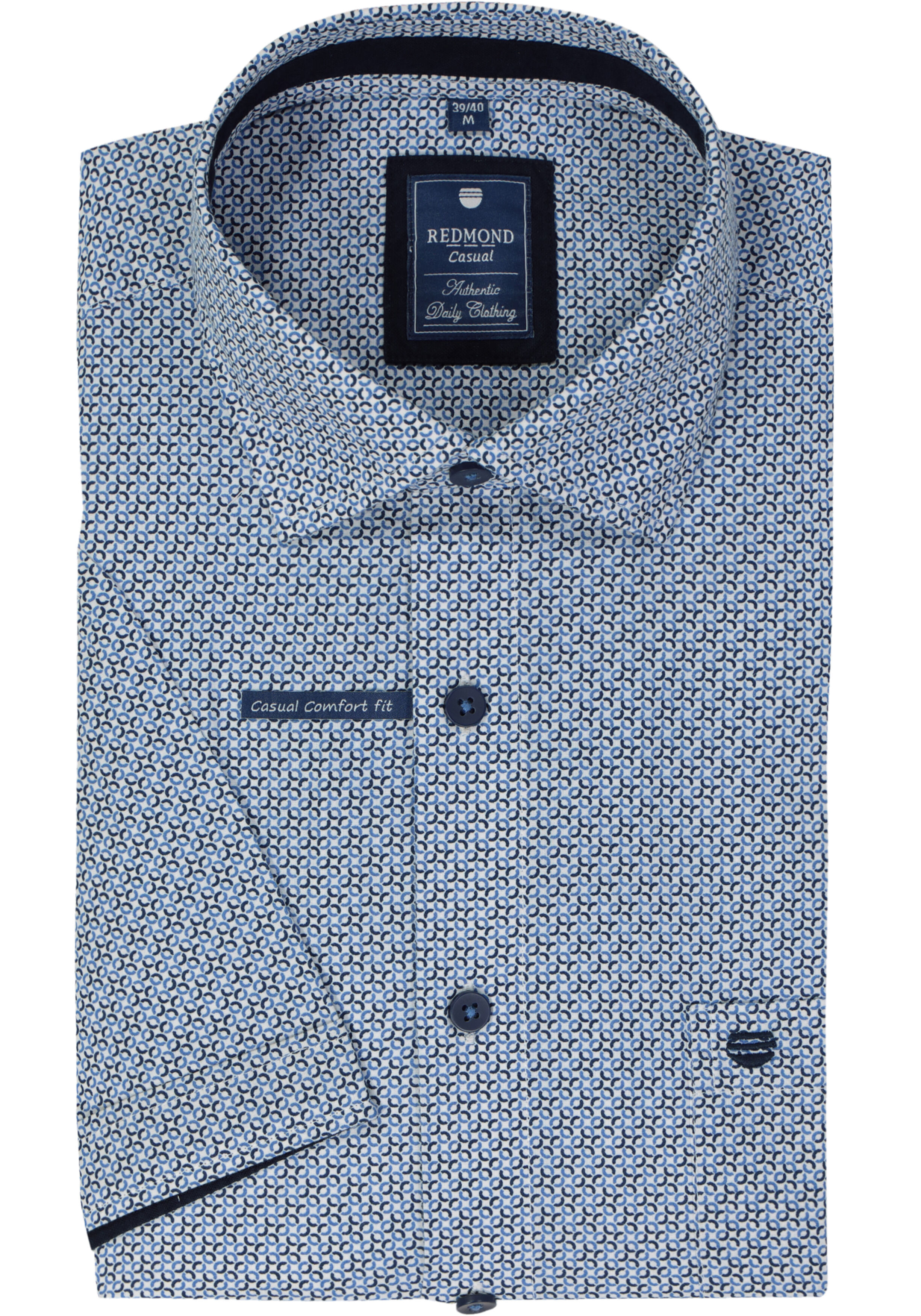 Redmond comfort fit overhemd, korte mouw, popeline, blauw met wit dessin