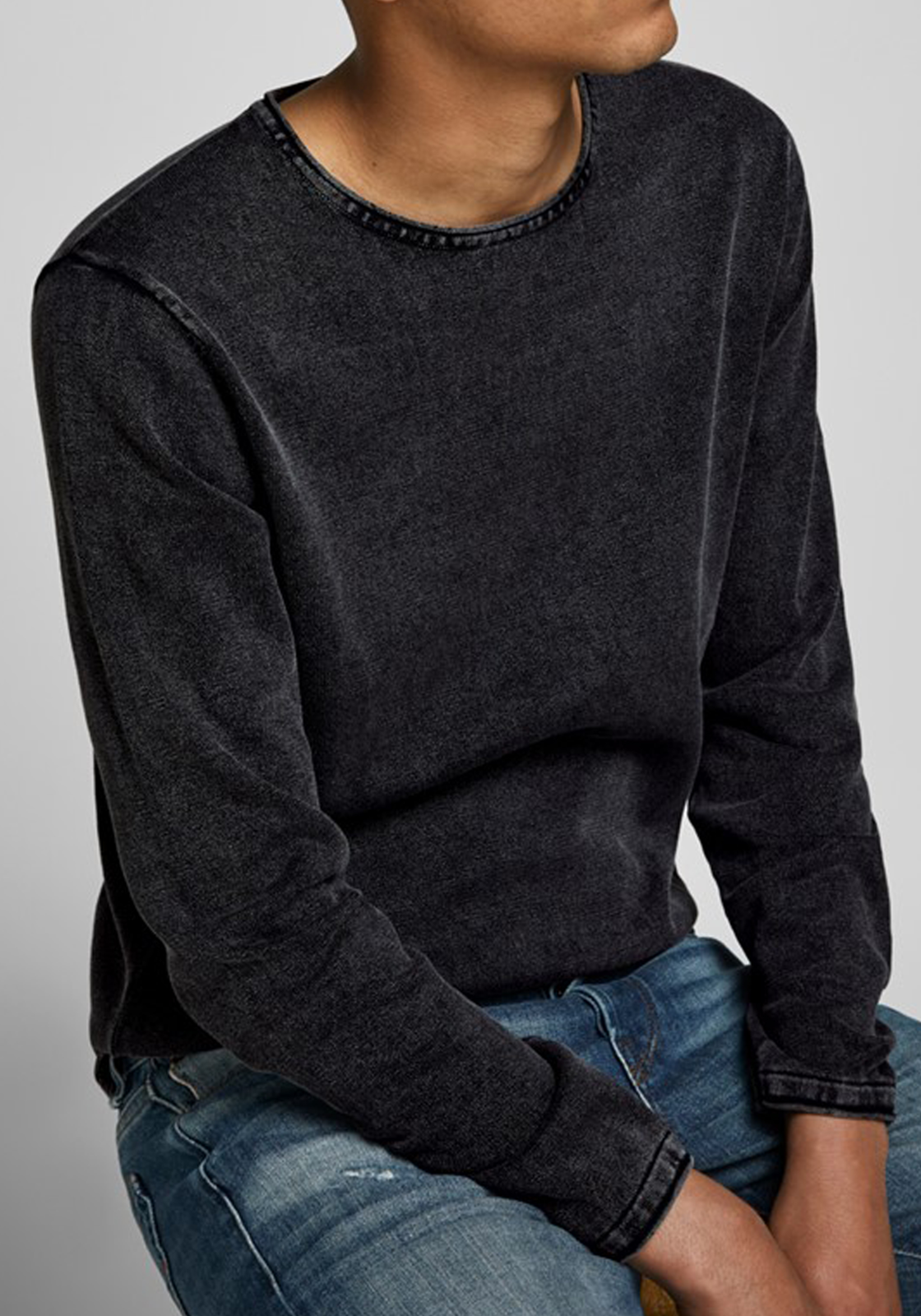 3-5714909533884-jackjones-trui_HR JACK & JONES slim fit trui katoen, O-hals, verwassen zwart