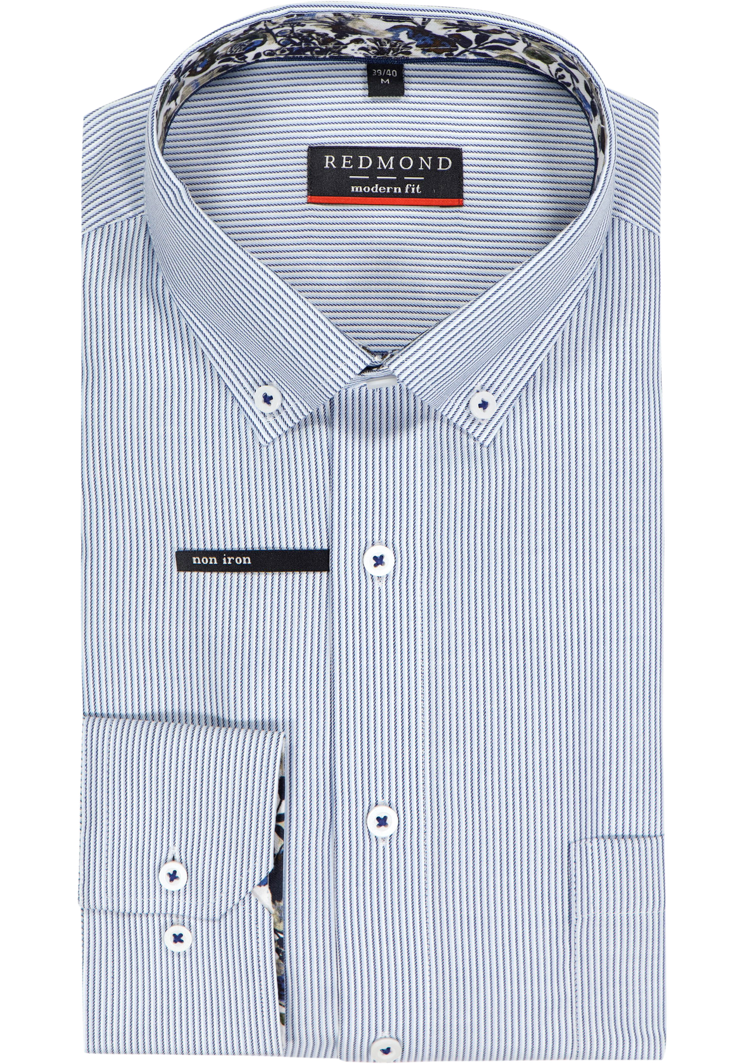 Redmond modern fit overhemd, twill, blauw met wit gestreept