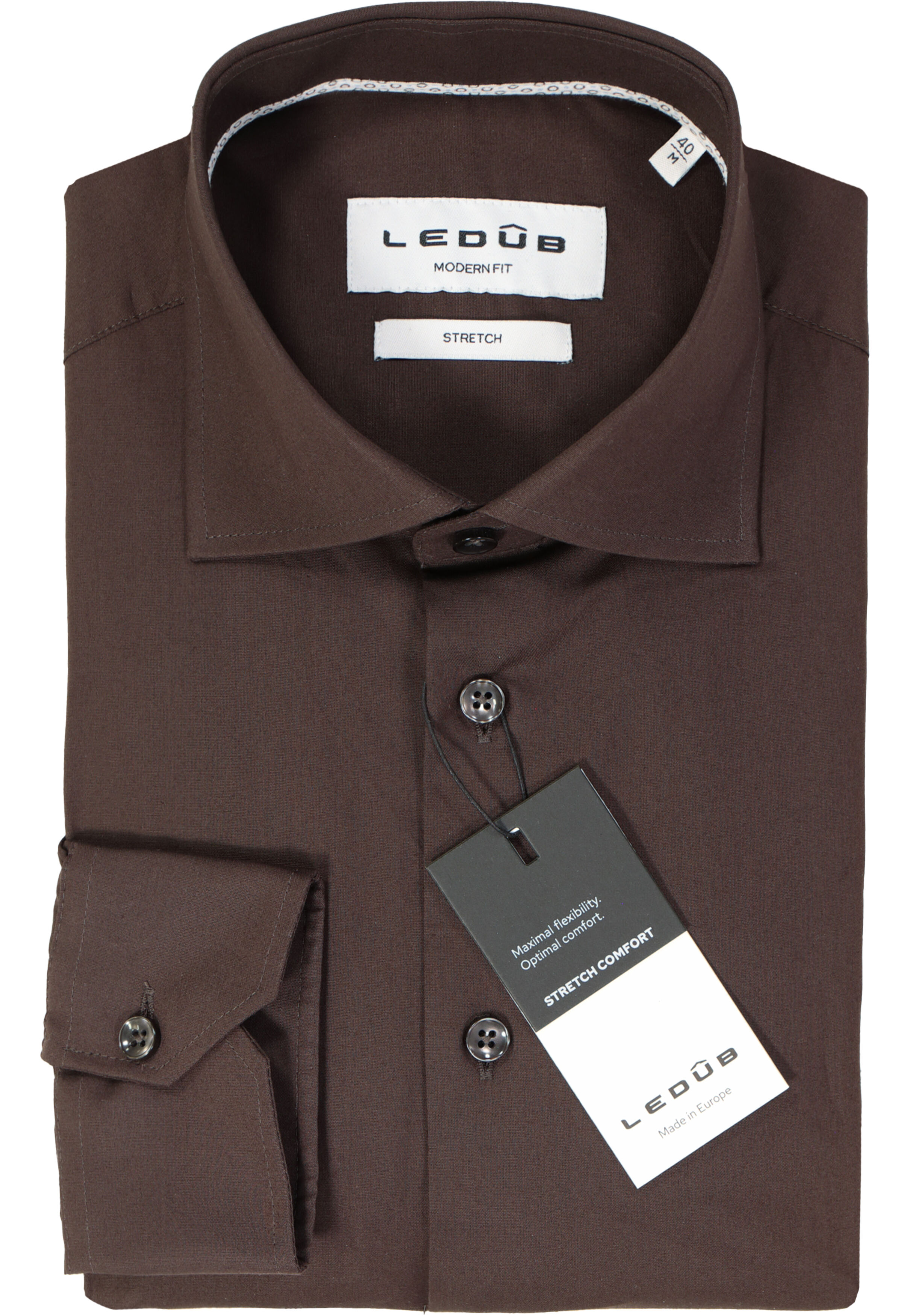 Ledub modern fit overhemd, popeline, donkerbruin