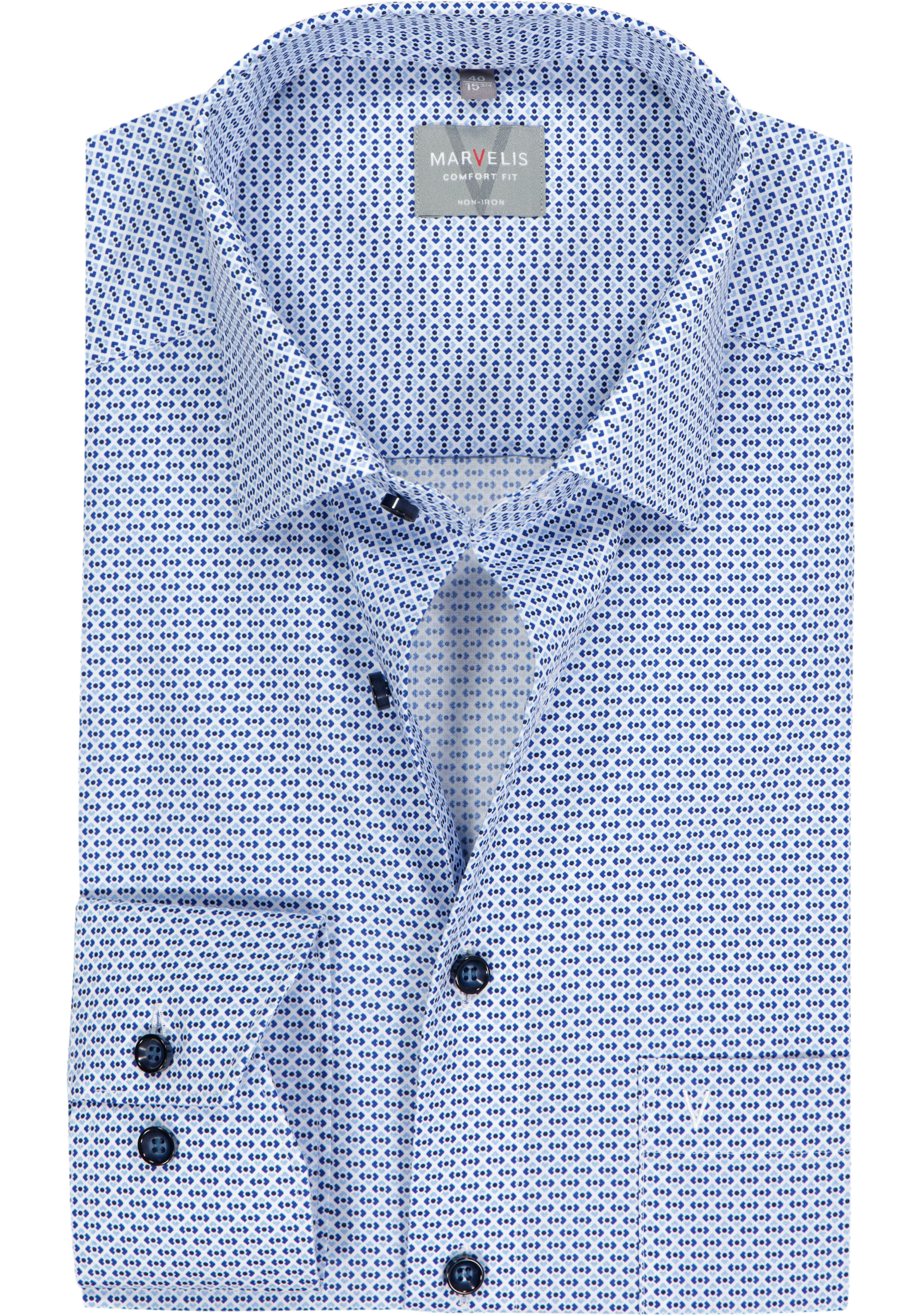 MARVELIS comfort fit overhemd, popeline, wit met licht- en donkerblauw dessin