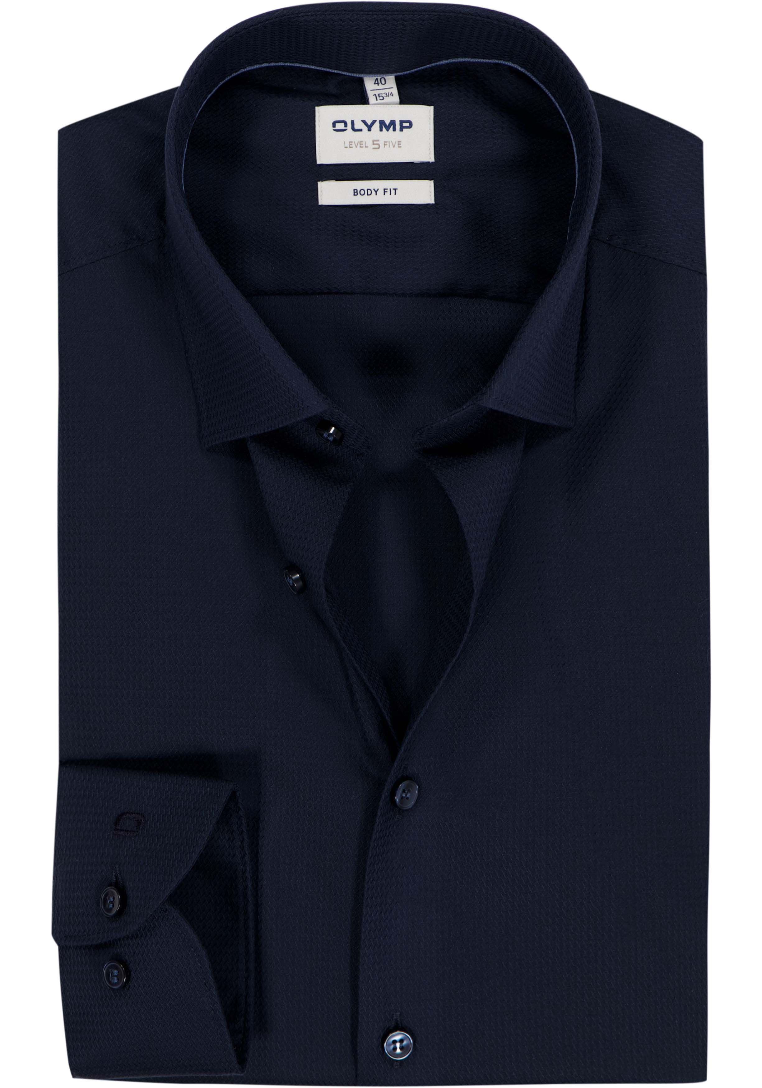 OLYMP Level 5 body fit overhemd, structuur, marine blauw