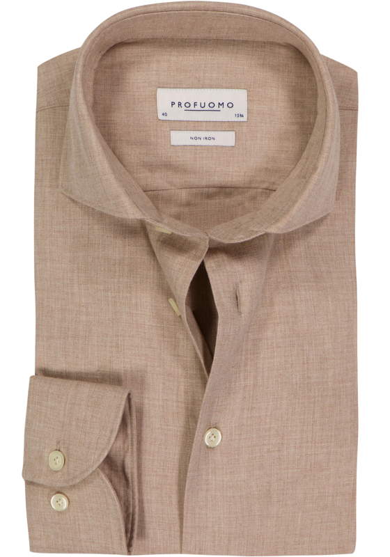 Profuomo slim fit heren overhemd, twill, beige Profuomo slim fit heren overhemd, twill, beige