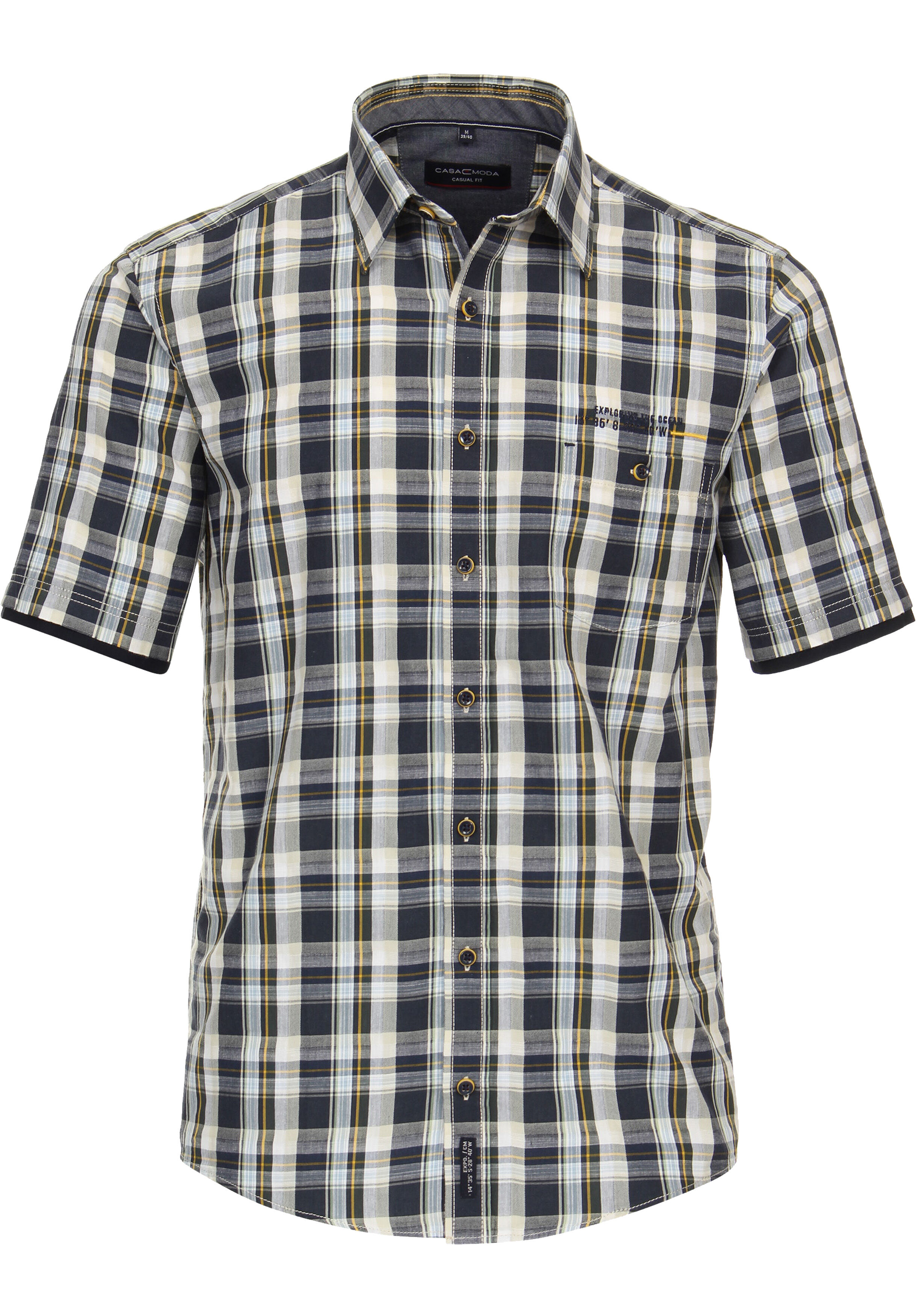 CASA MODA Sport casual fit overhemd, korte mouw, chambray, groen, donkerblauw, beige en wit geruit