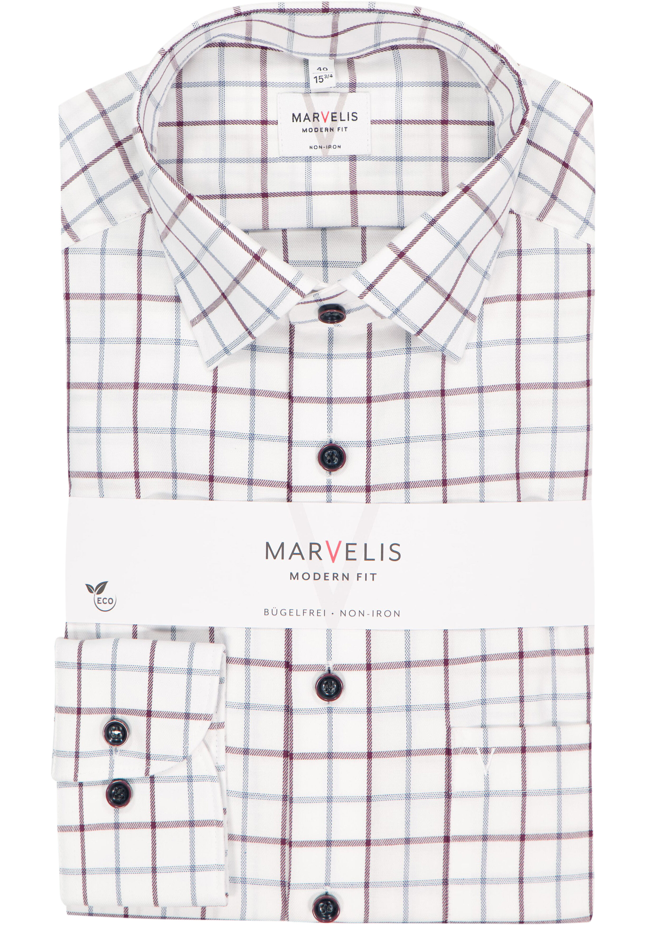 MARVELIS modern fit overhemd, popeline, wit met blauw en bordeaux geruit