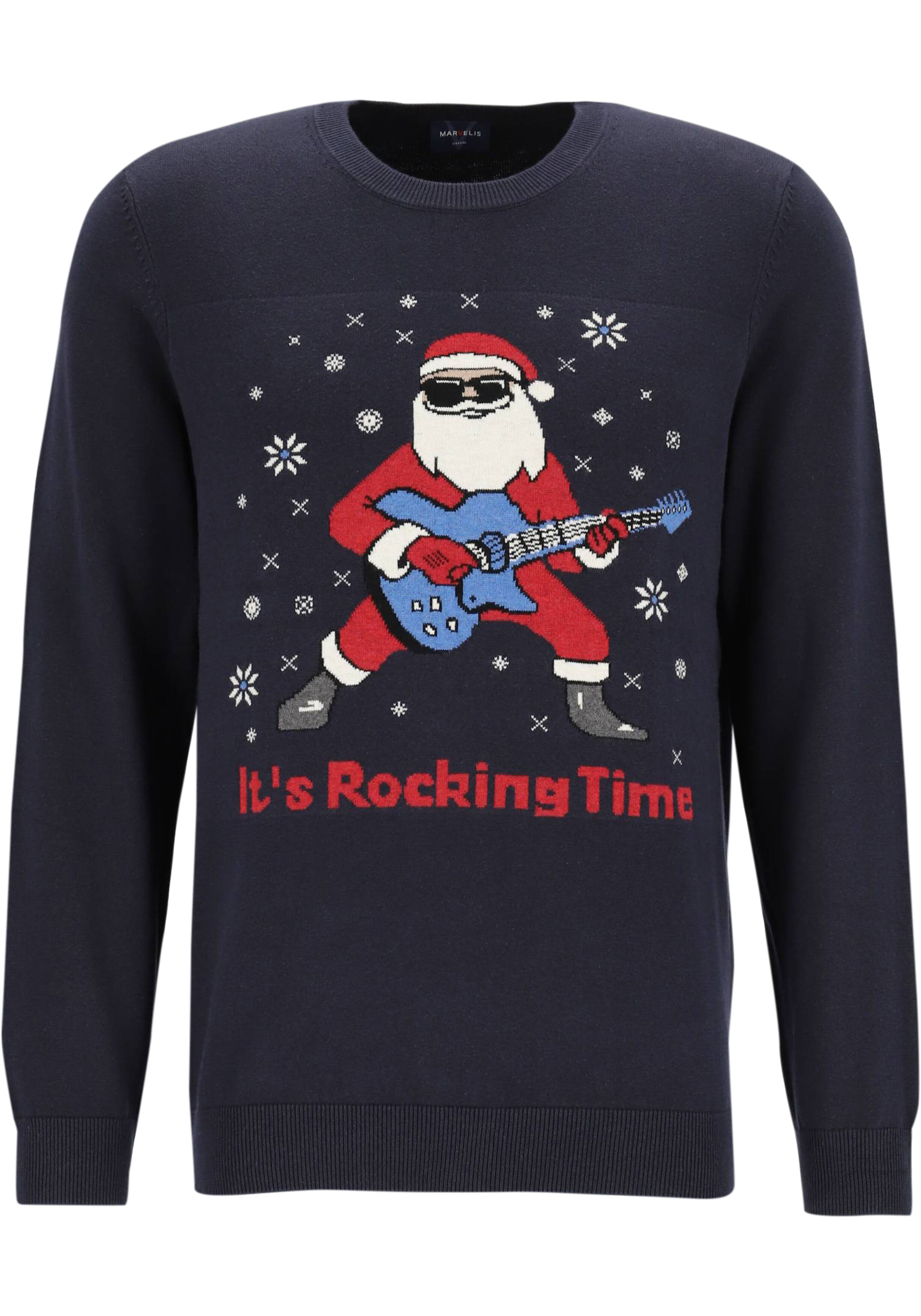 MARVELIS modern fit Kersttrui katoen, O-hals, marine blauw