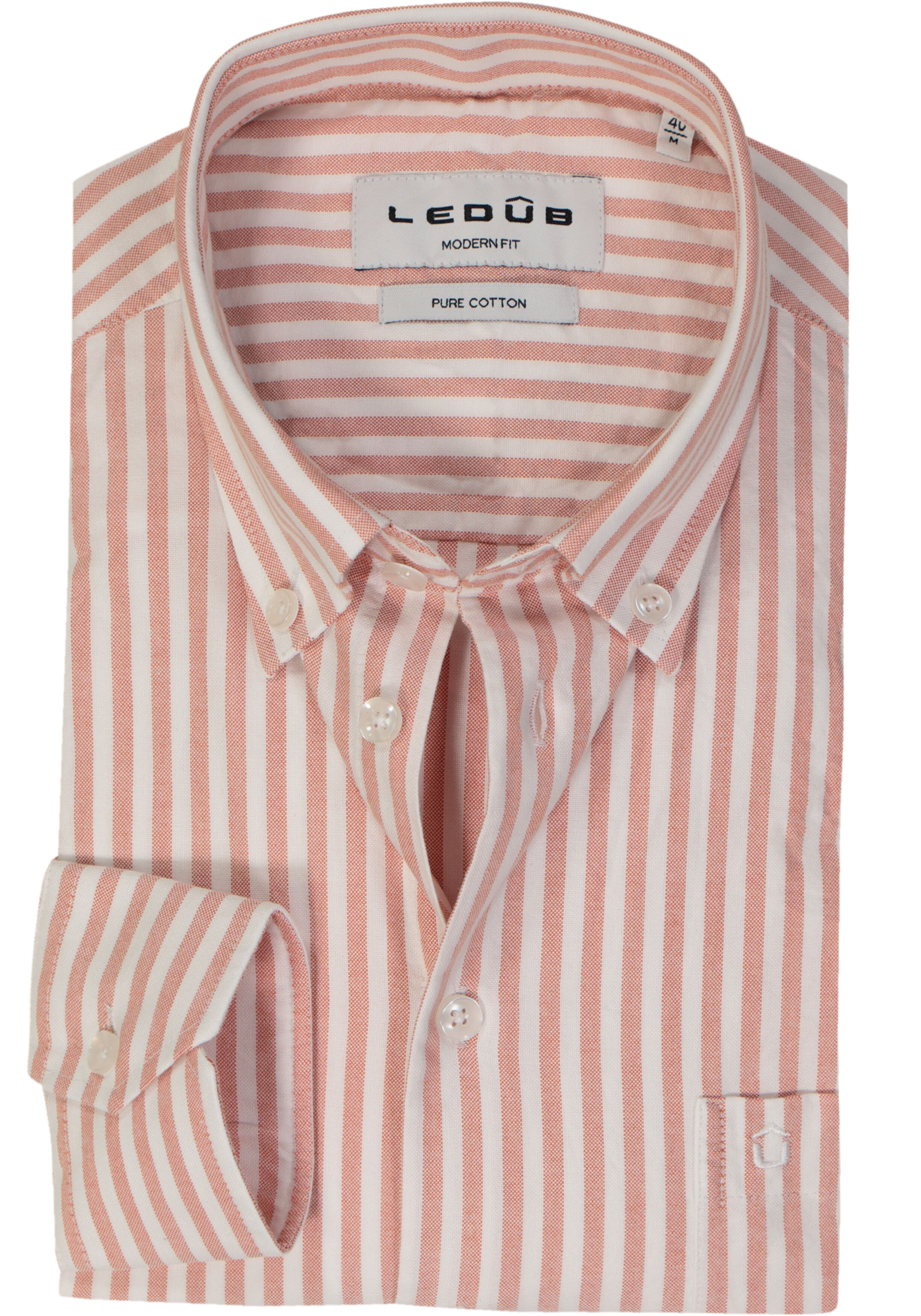 Ledub modern fit overhemd, popeline, middenoranje gestreept