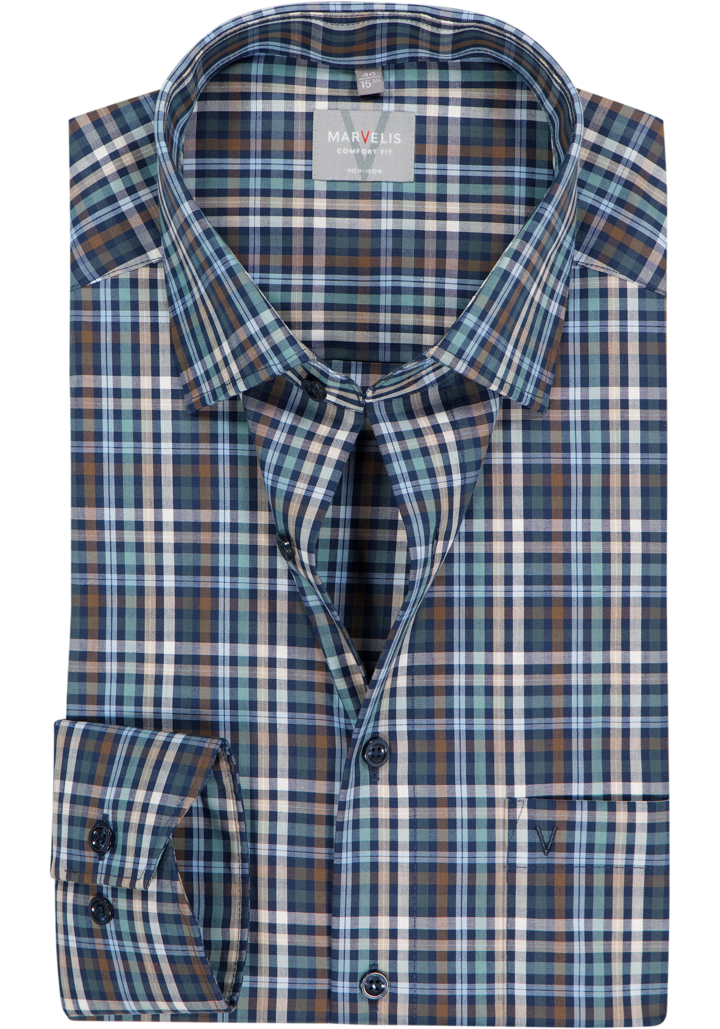 MARVELIS comfort fit overhemd, popeline, blauw met groen, wit, beige en bruin geruit