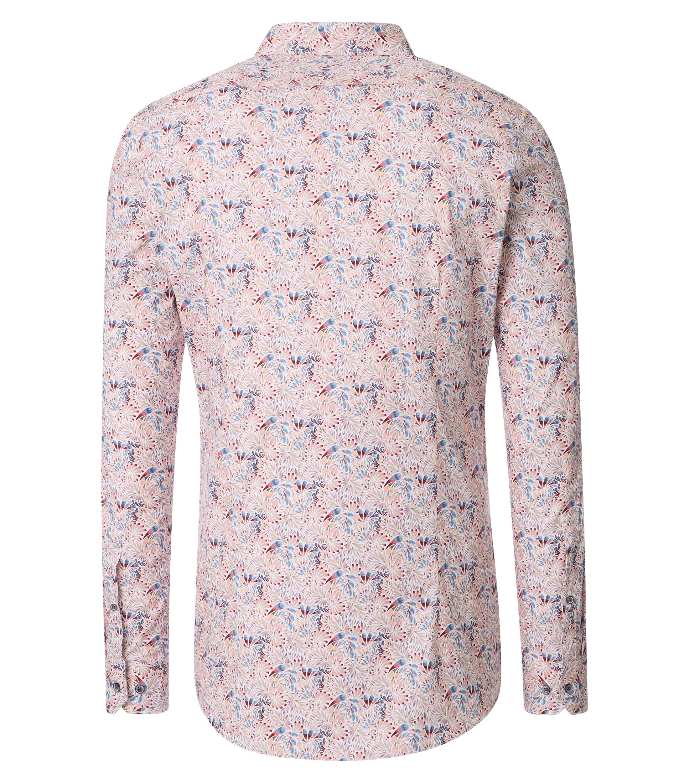 VENTI body fit overhemd, popeline, wit met beige, blauw en donkerrood dessin