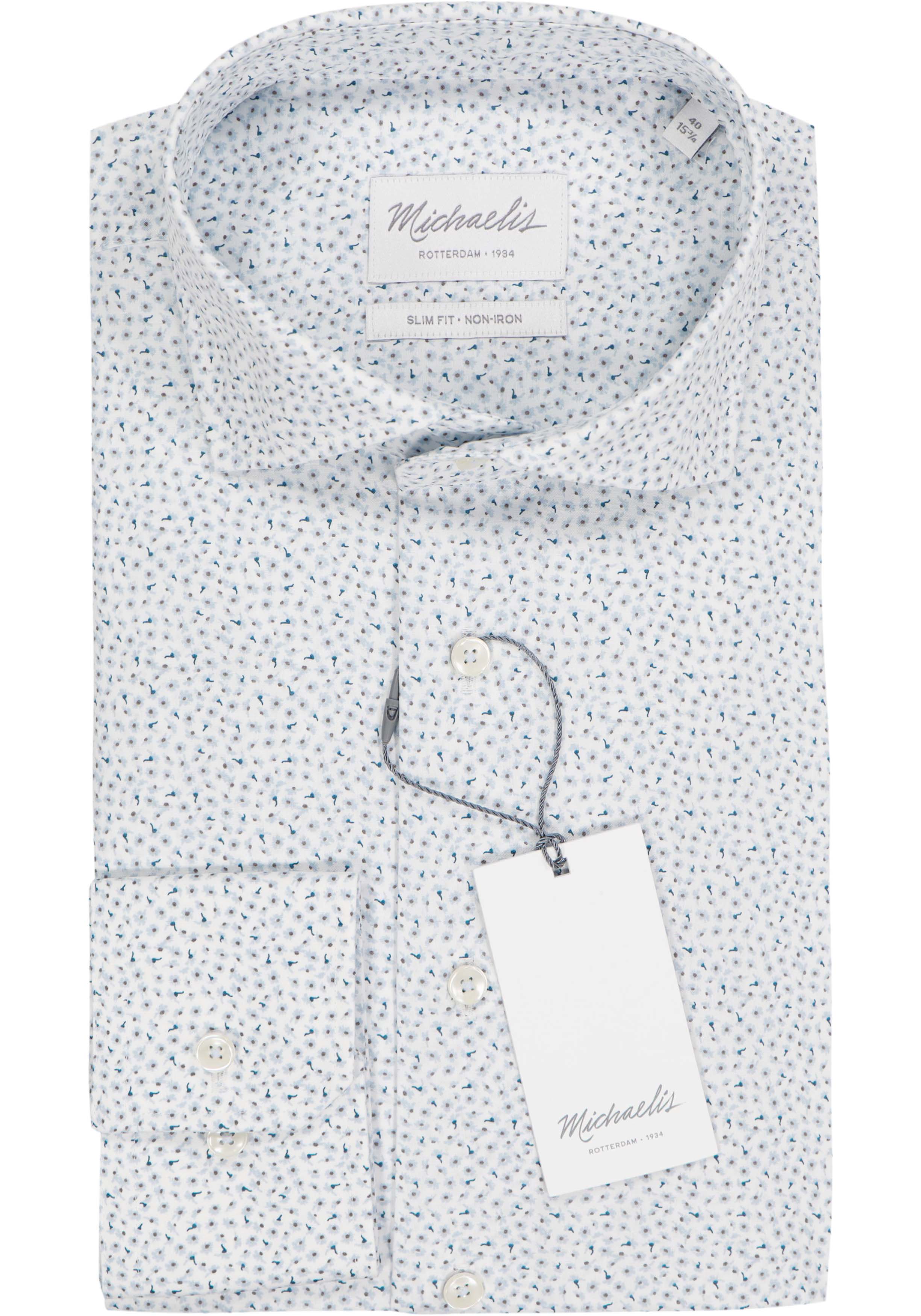 Michaelis slim fit heren overhemd, popeline, wit met licht- en donkerblauw dessin