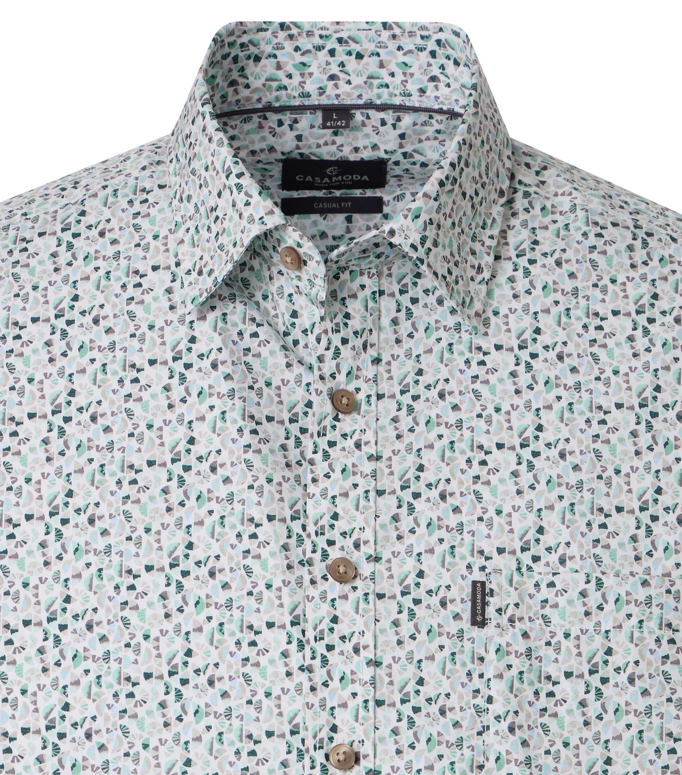 CASA MODA Sport casual fit overhemd, korte mouw, popeline, wit met groen en grijs dessin