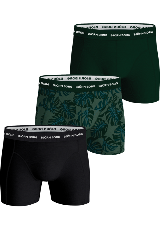 Bjorn Borg Cotton Stretch boxers, heren boxers normale lengte (3-pack), zwart, donkergroen en groen met bladeren dessin Bjorn Borg Cotton Stretch boxers, heren boxers normale lengte (3-pack), zwart, donkergroen en groen met bladeren dessin