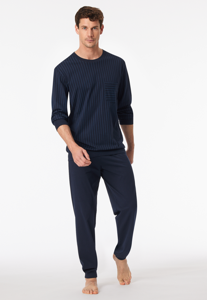 SCHIESSER Cotton Essentials Pyjama lang, heren pyjama set, donkerblauw gestreept