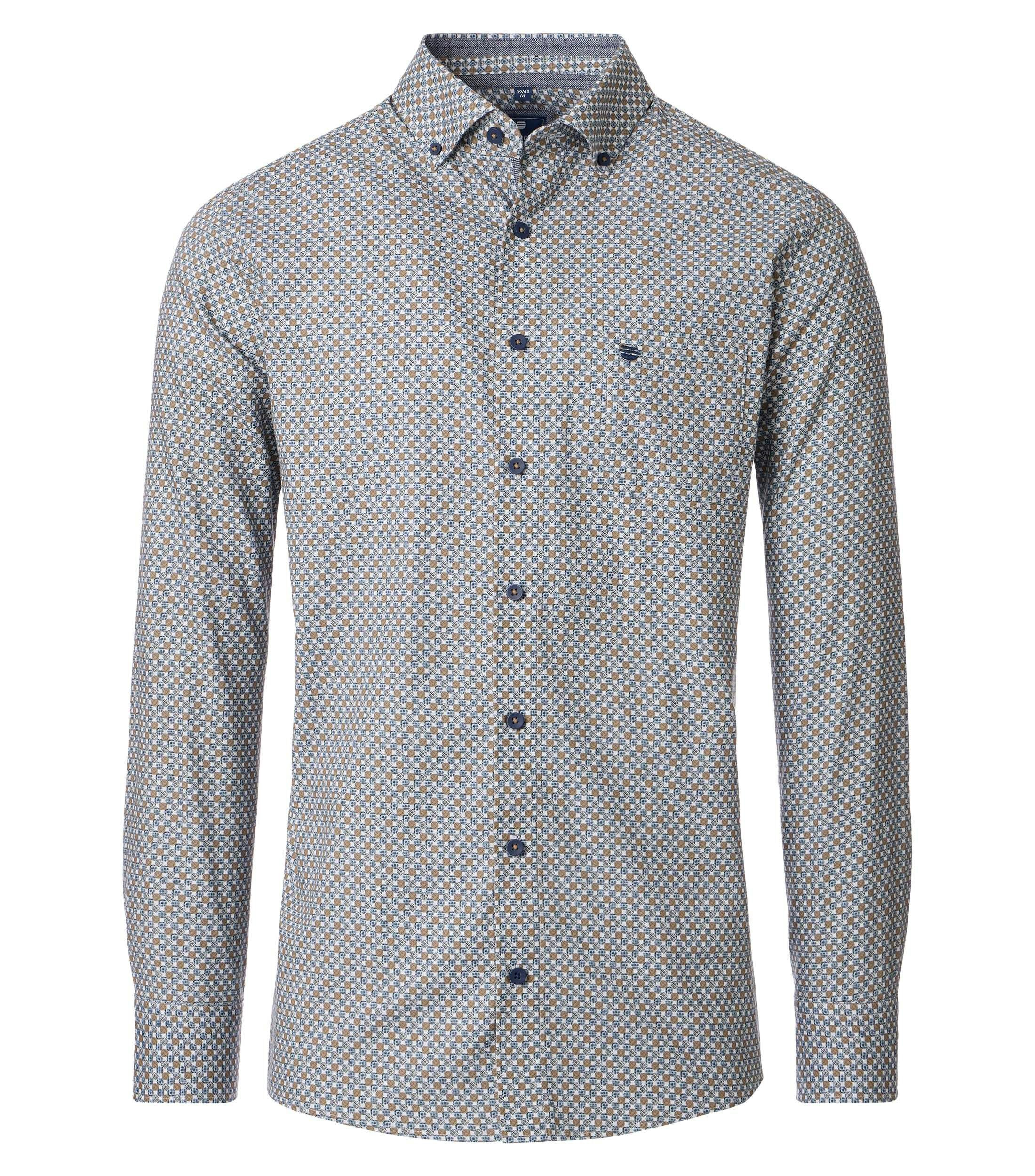 Redmond modern fit overhemd, popeline, wit, blauw en kaki dessin