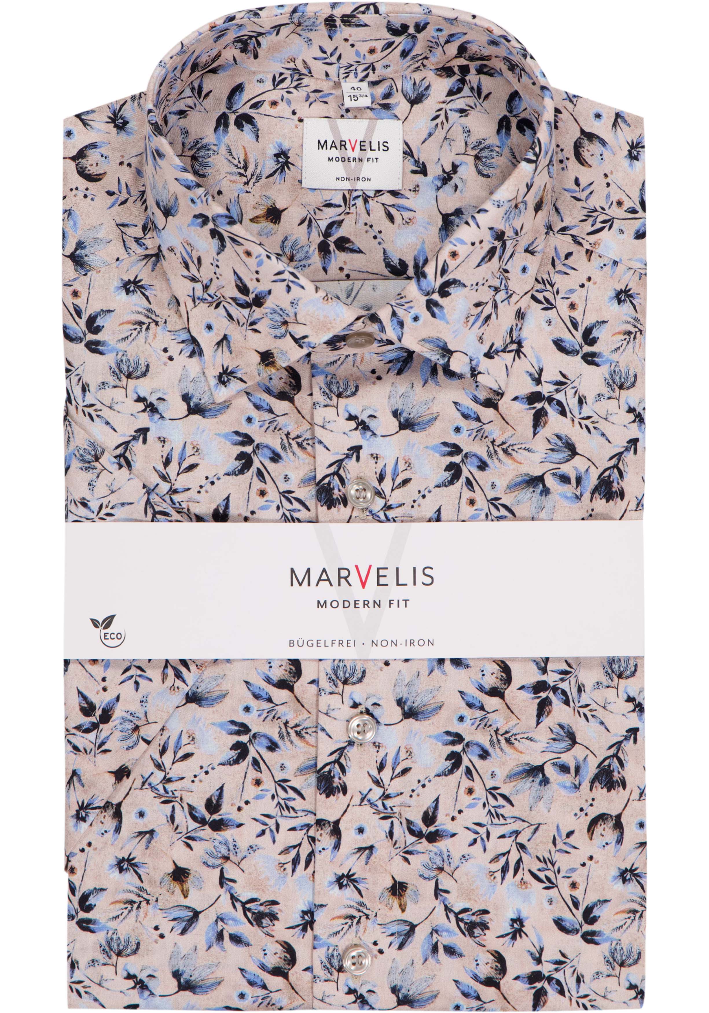 MARVELIS modern fit overhemd, korte mouw, popeline, beige met blauw en bruin bloemen dessin