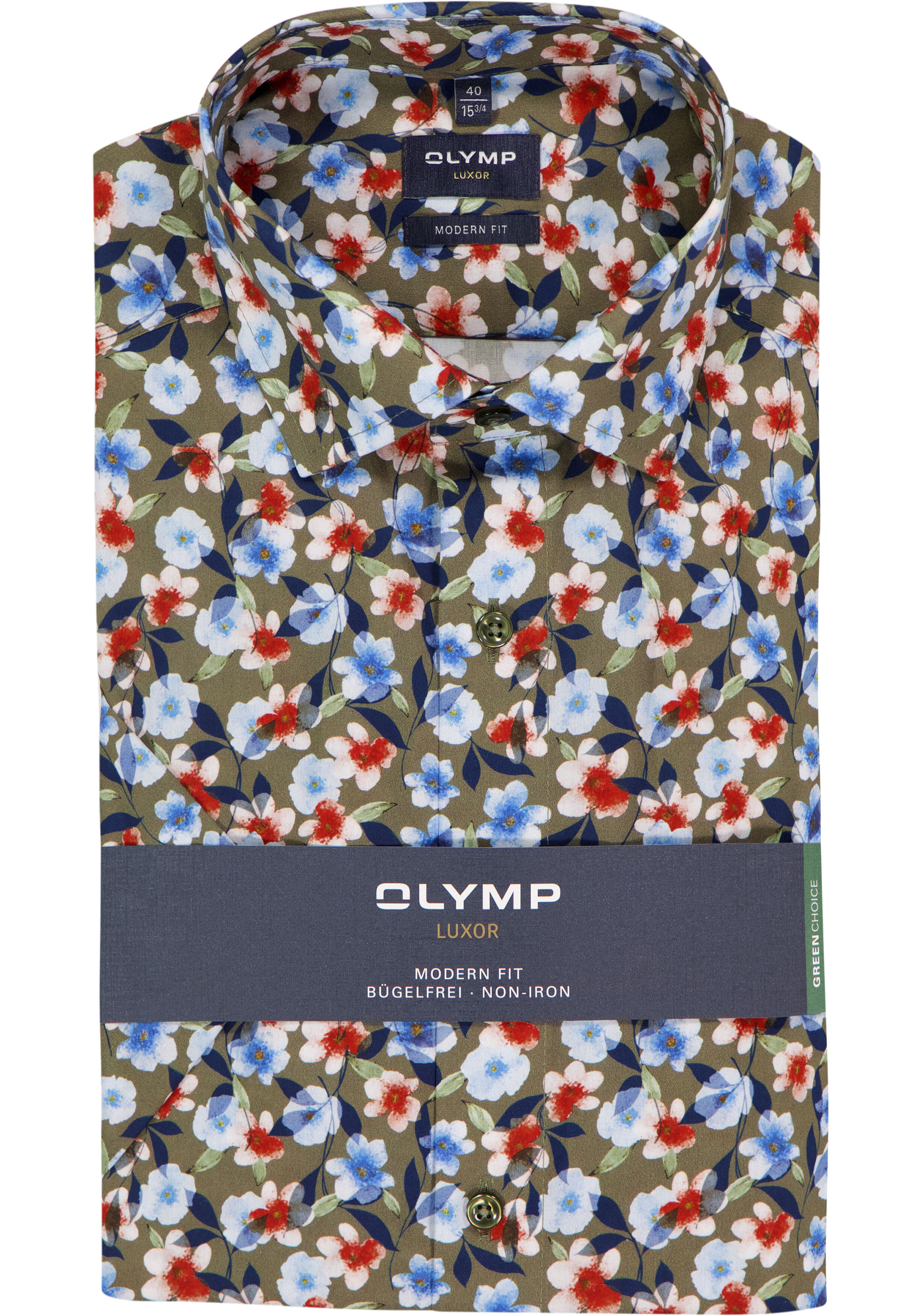 OLYMP modern fit overhemd, korte mouw, popeline, groen met blauw, rood en wit bloemen dessin