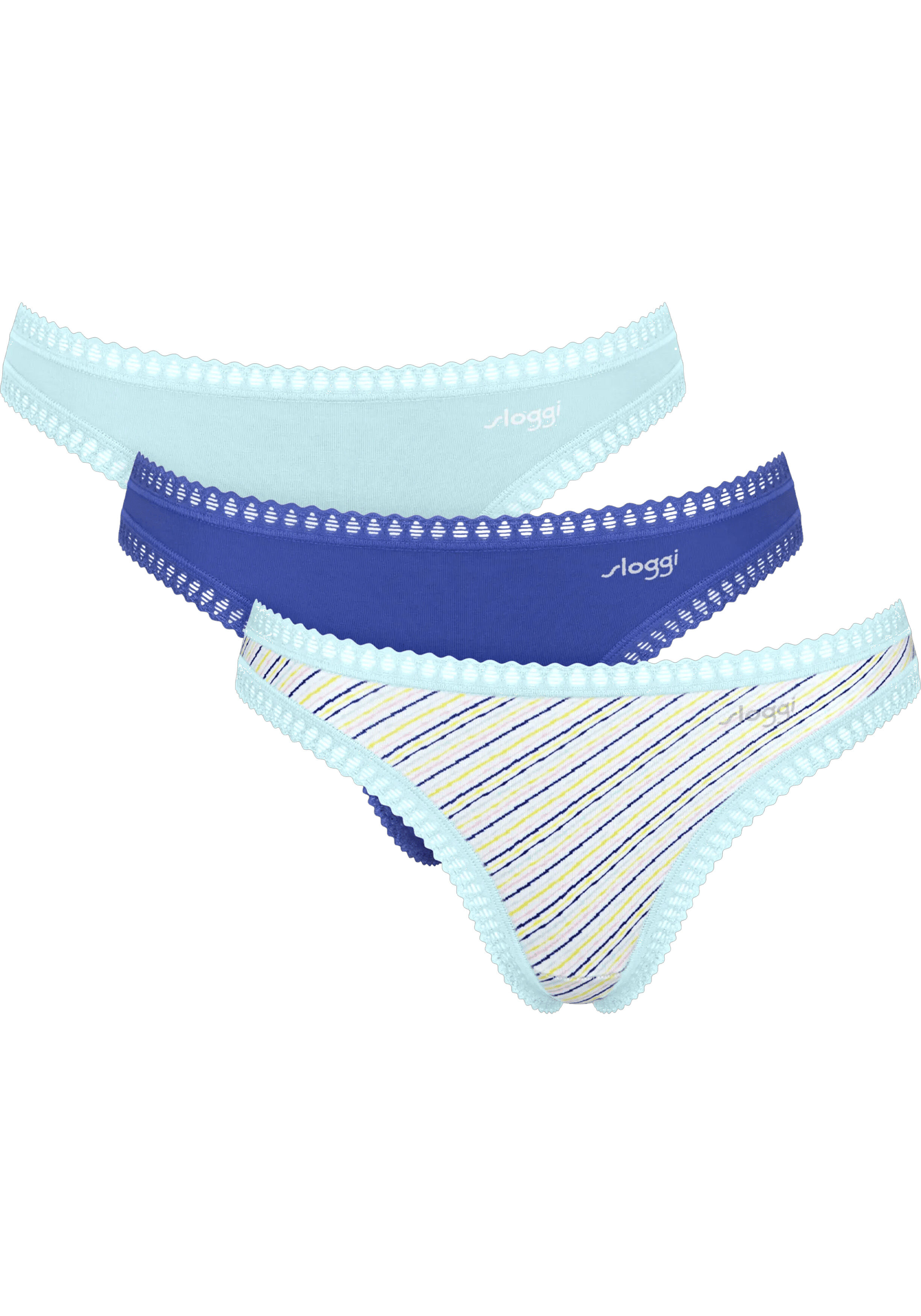 Sloggi Women GO Crush String (3-pack), dames string, lichtblauw, kobaltblauw en blauw, wit en geel gestreept