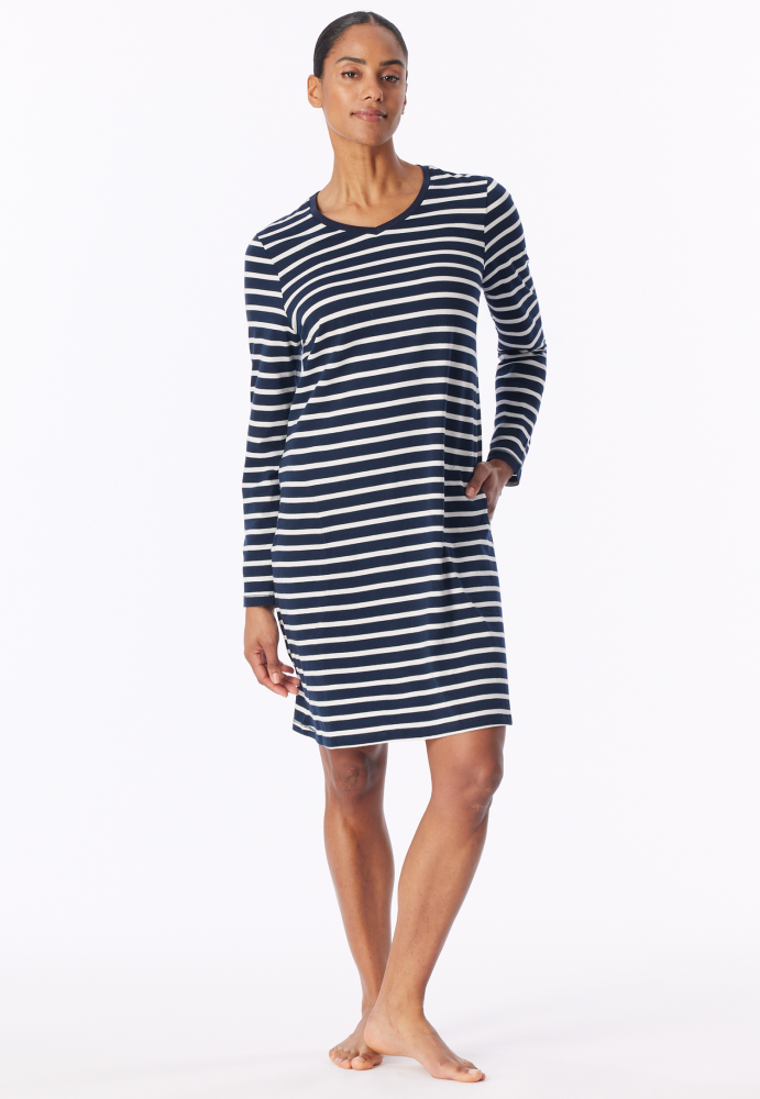 SCHIESSER dames Cotton Essentials Nachthemd lang, dames nachthemd, nachtblauw gestreept