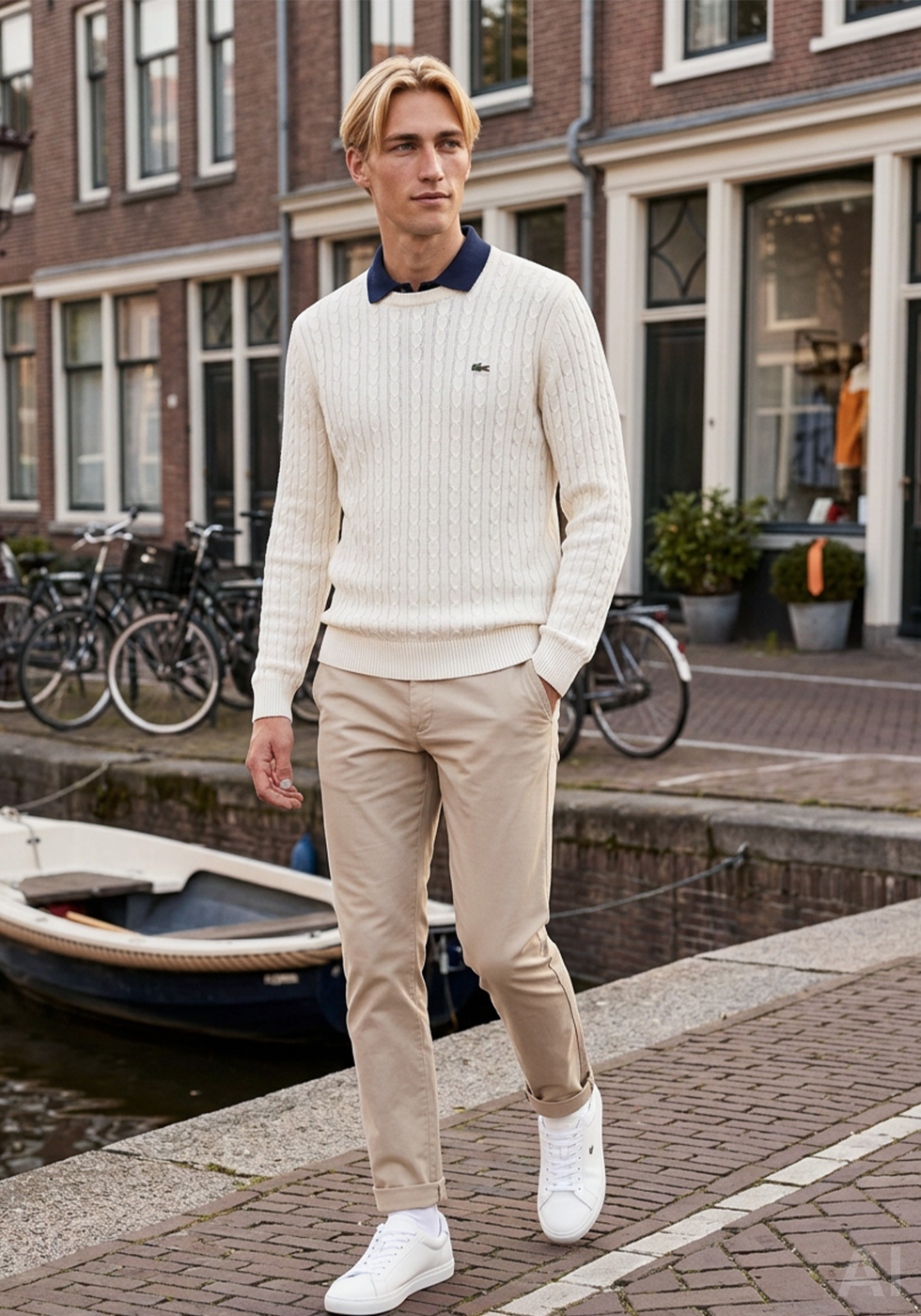 Casual sportief back to work, Shop de look: Lacoste heren trui, polo en sokken