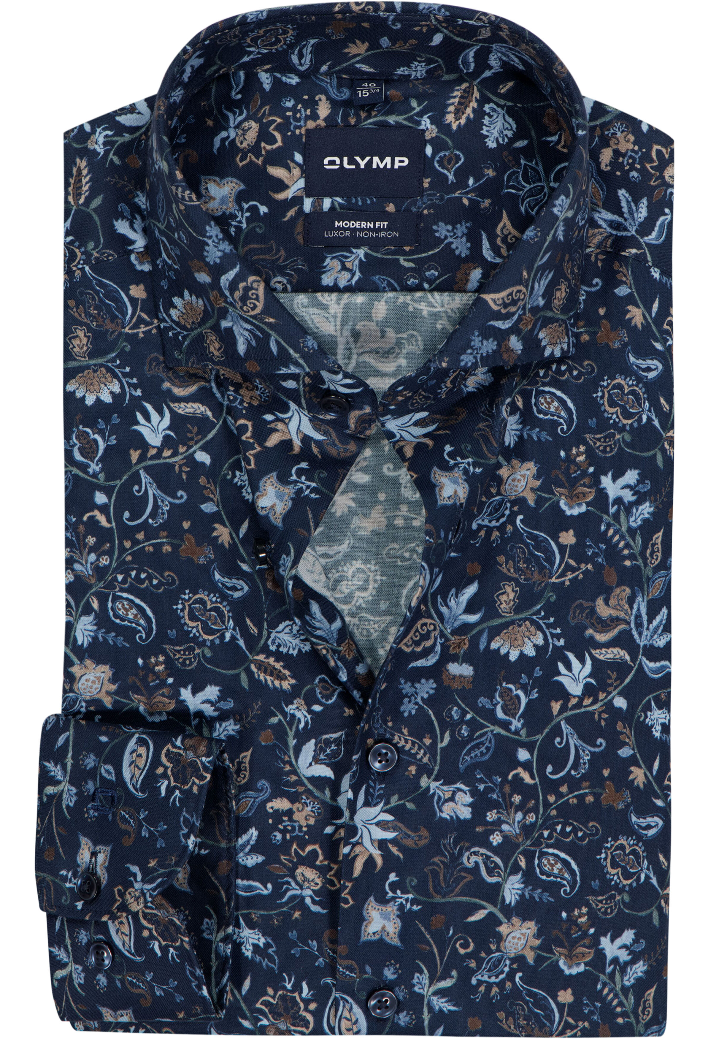 OLYMP Luxor modern fit overhemd, mouwlengte 7, dobby, donker- met lichtblauw en bruin dessin