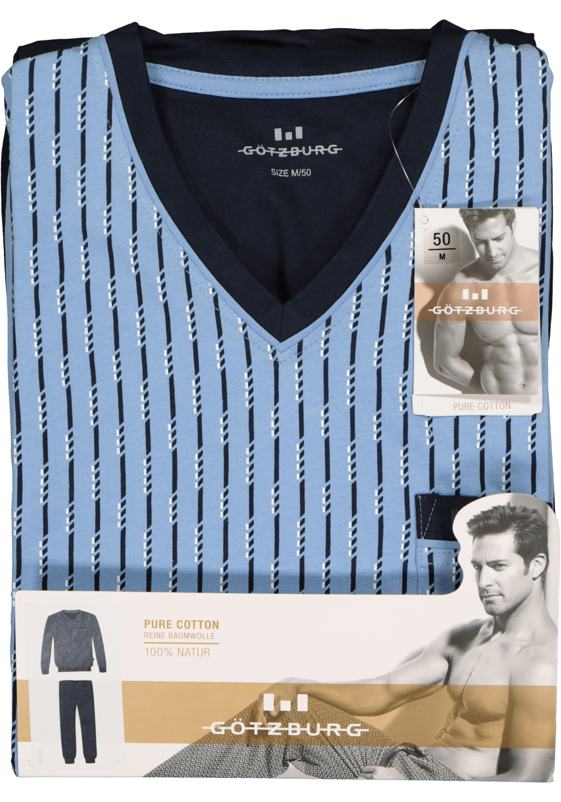 6-4060084133939_gotzburg_pyjama_HR Gotzburg heren pyjama, V-hals, lichtblauw met blauw en wit dessin