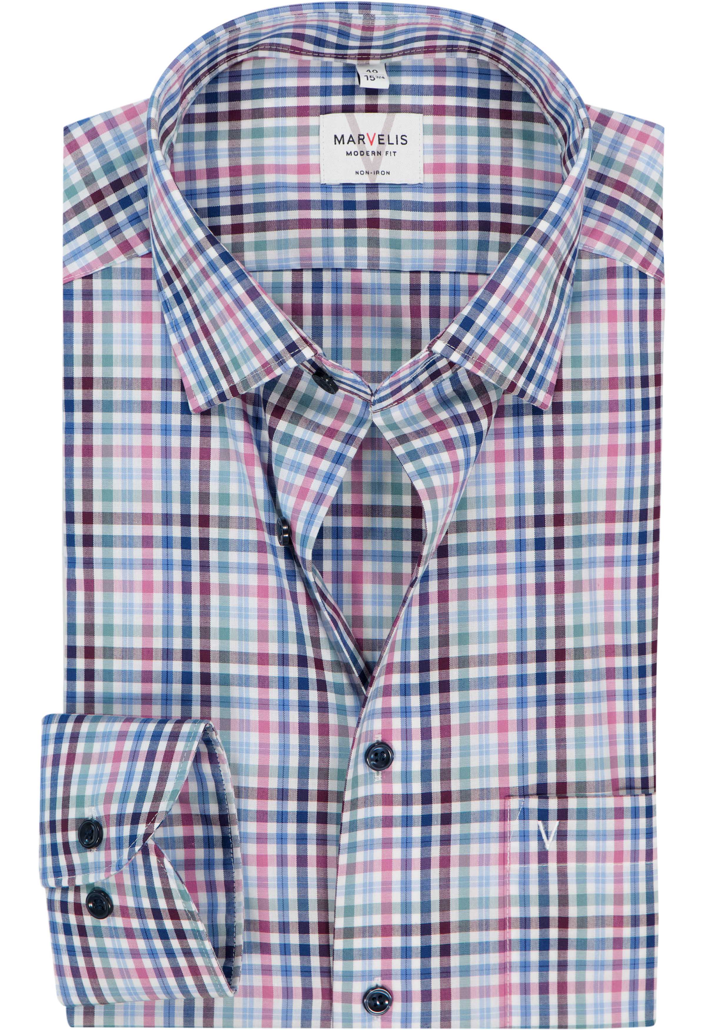 MARVELIS modern fit overhemd, popeline, wit, rood, blauw en groen geruit