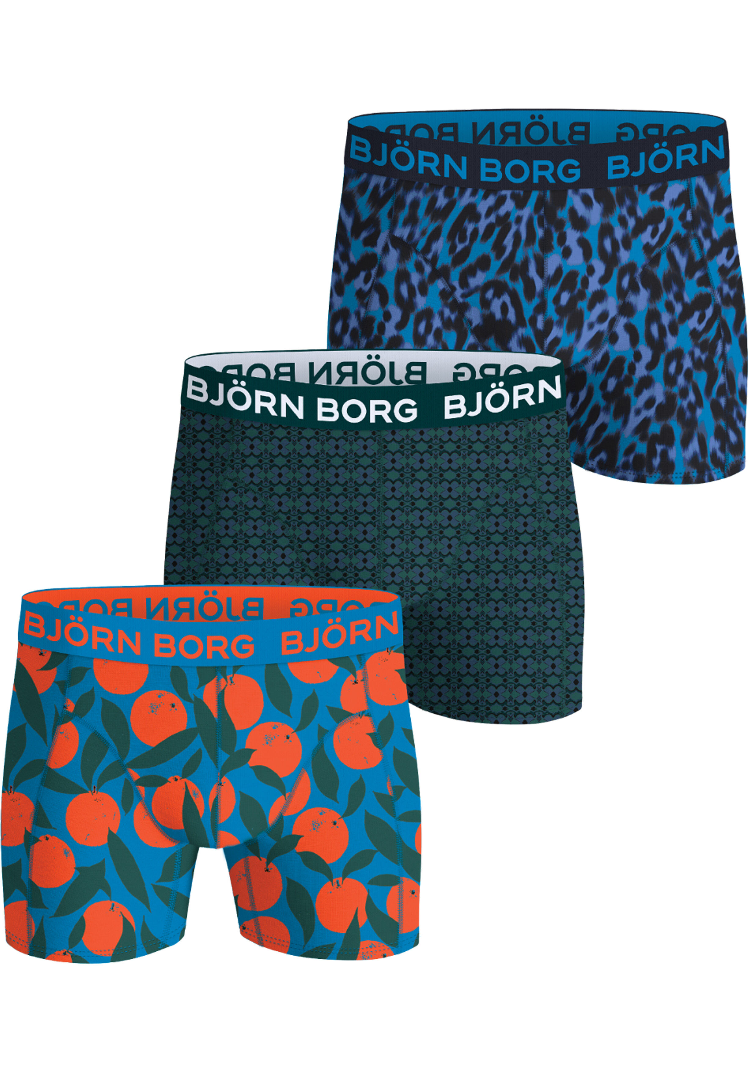 Bjorn Borg Cotton Stretch boxers, heren boxers normale lengte (3-pack), sinaasappelprint, blauwe panterprint en blauw met groen dessin