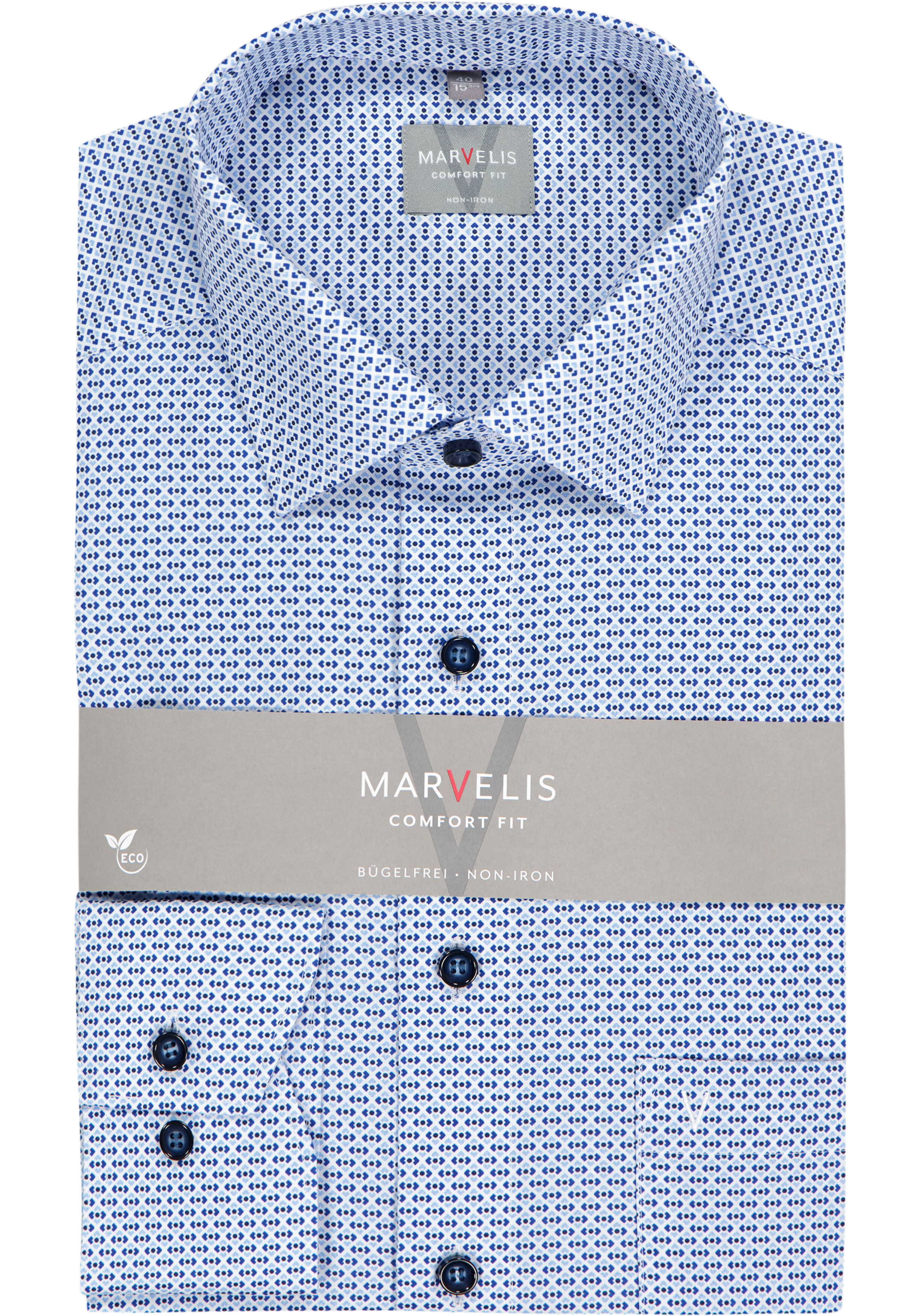 MARVELIS comfort fit overhemd, popeline, wit met licht- en donkerblauw dessin