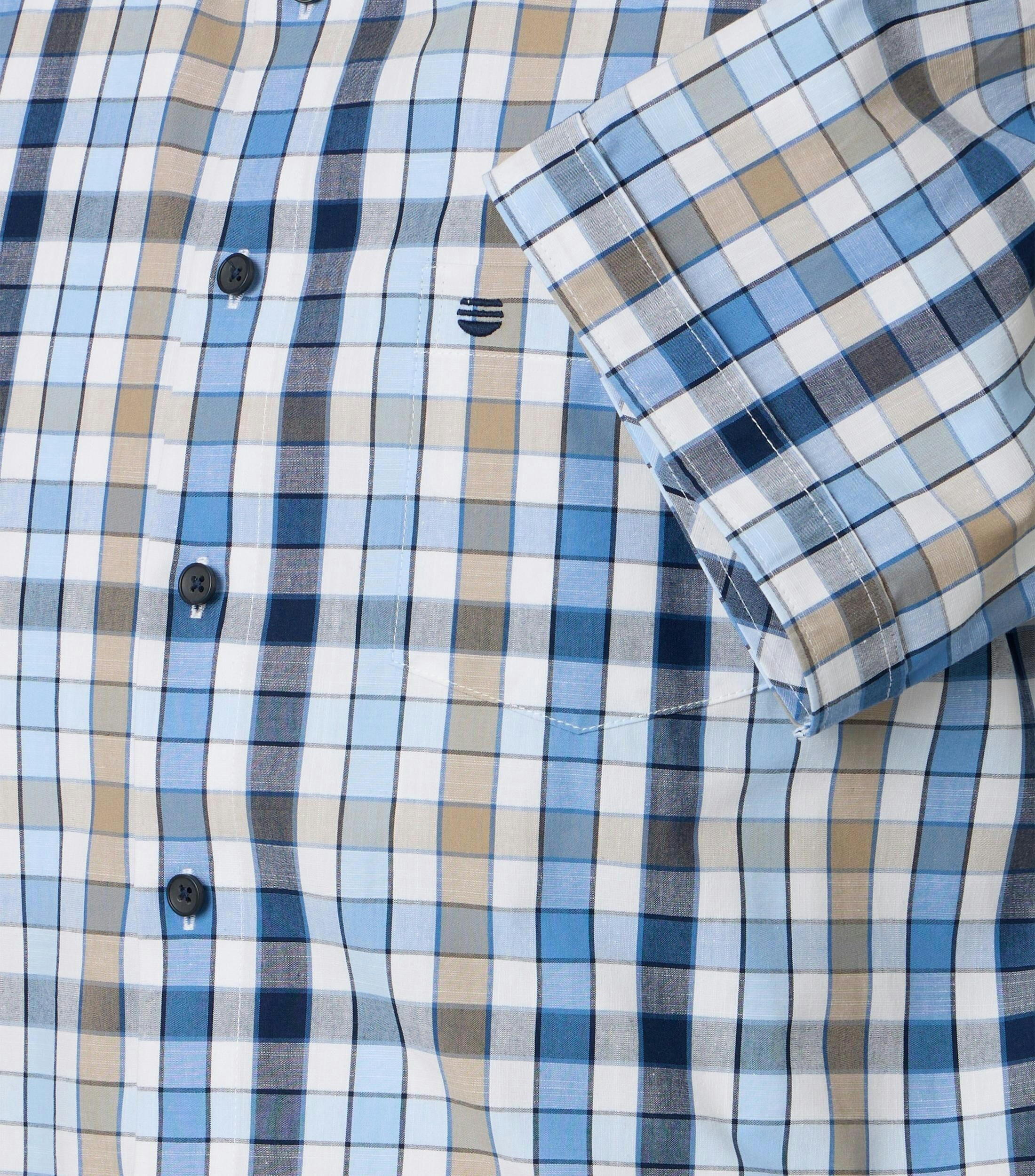 Redmond modern fit overhemd, korte mouw, chambray, lichtblauw, wit, donkerblauw, beige geruit
