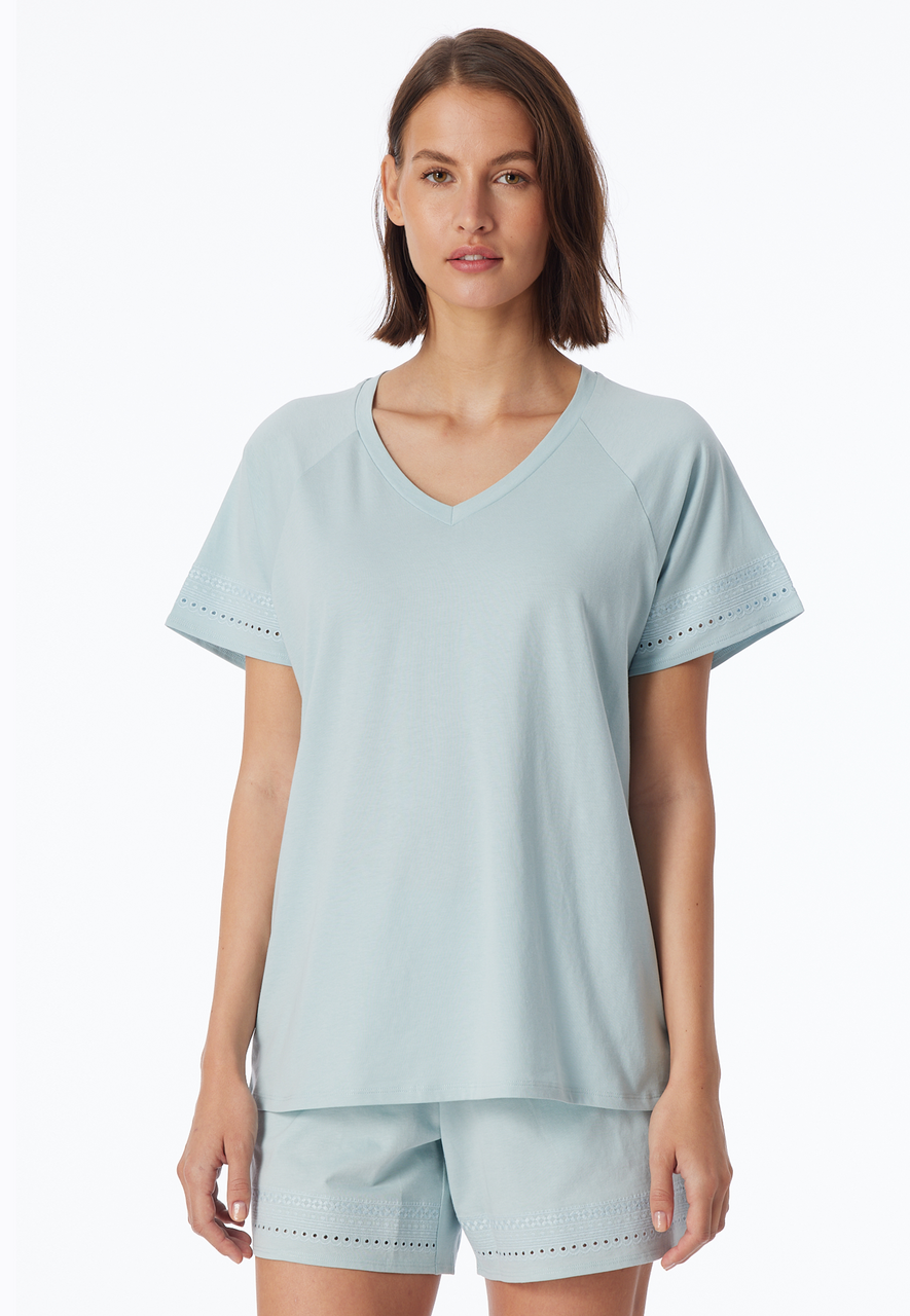 SCHIESSER Mix+Relax T-shirt, dames shirt korte mouw gaatjesborduursel bluebird