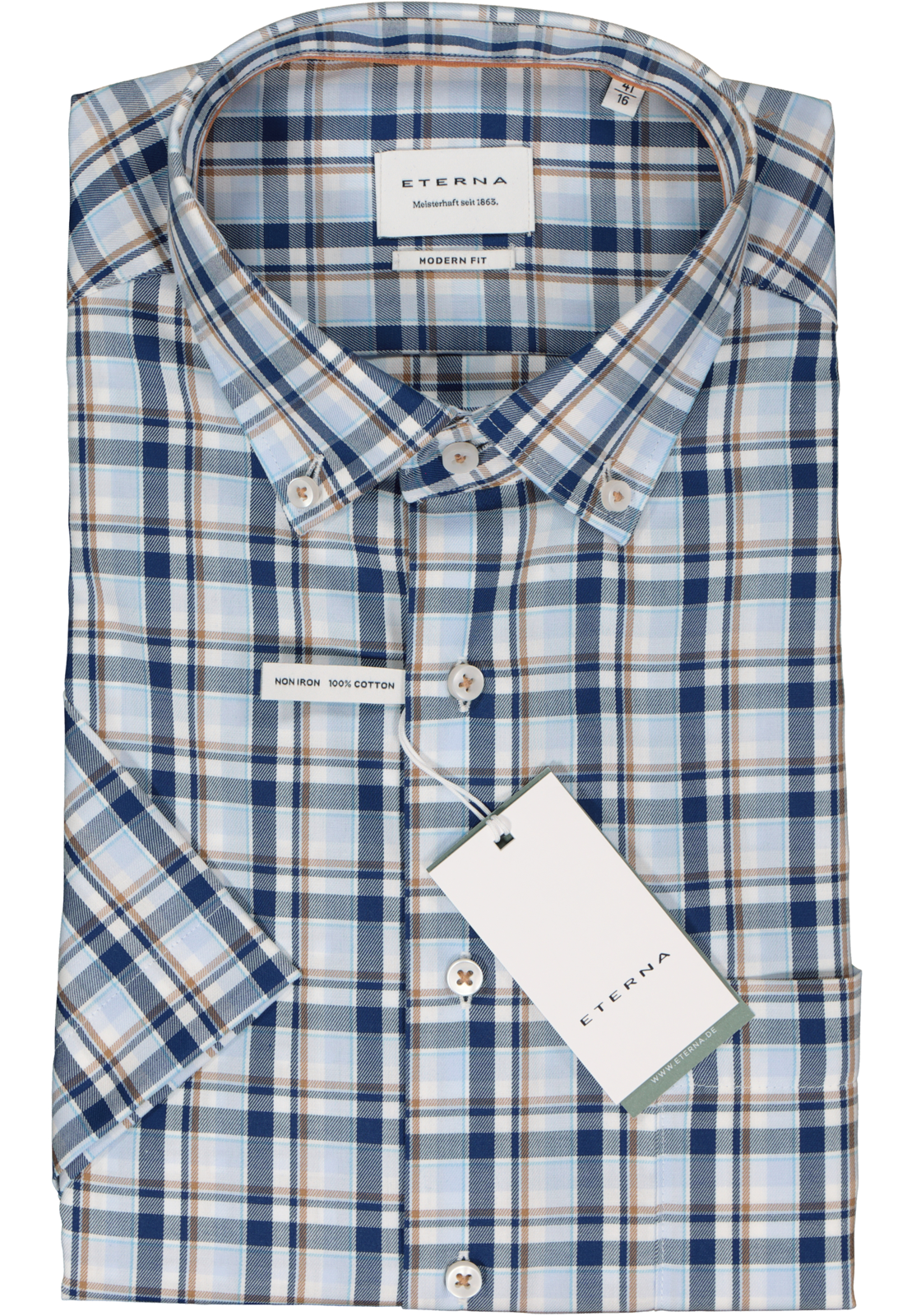 2-4067159321208_eterna-overhemd_HR ETERNA modern fit overhemd korte mouw, twill, turquoise geruit