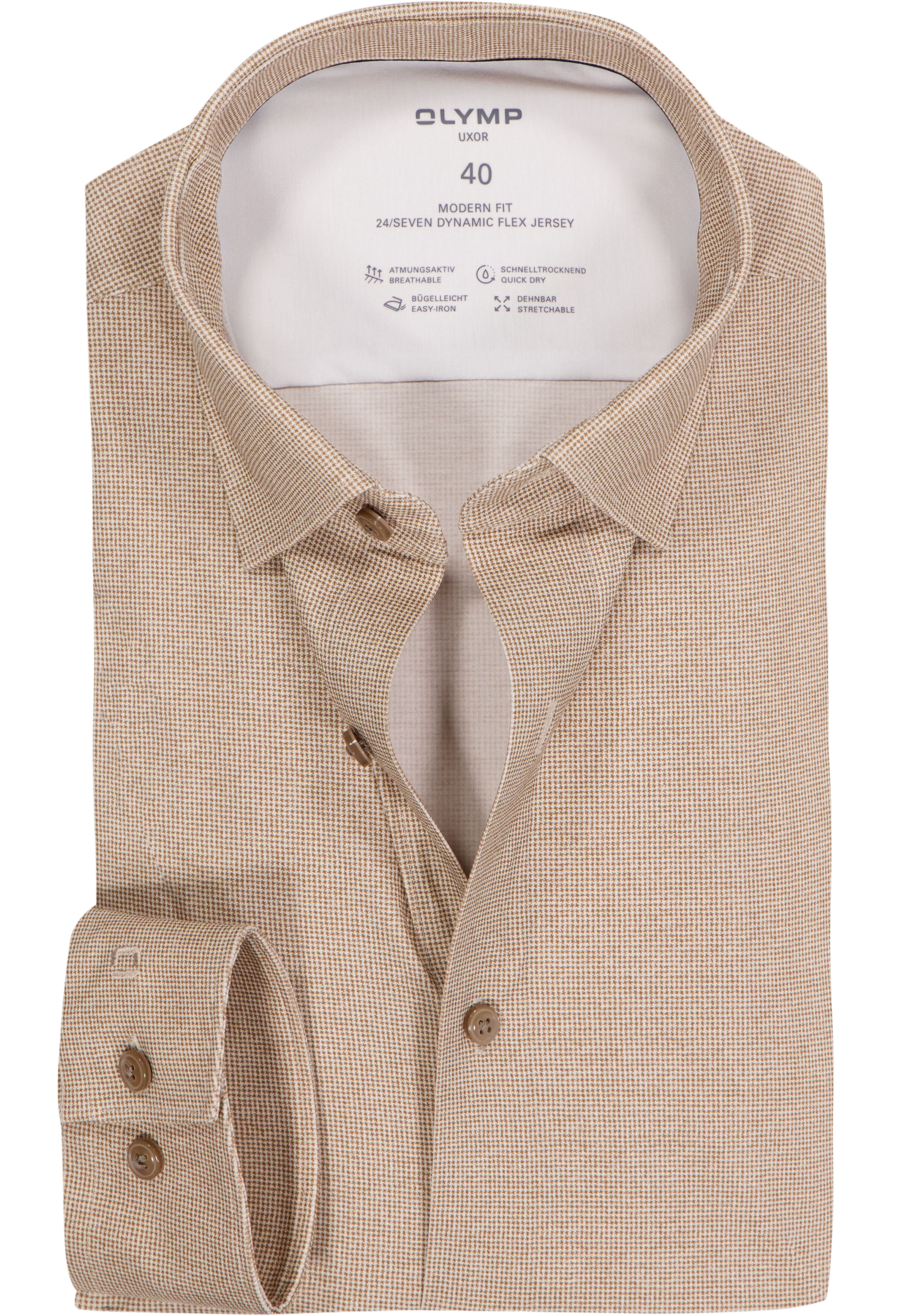 OLYMP 24/7 Luxor modern fit overhemd, tricot, noga bruin dessin