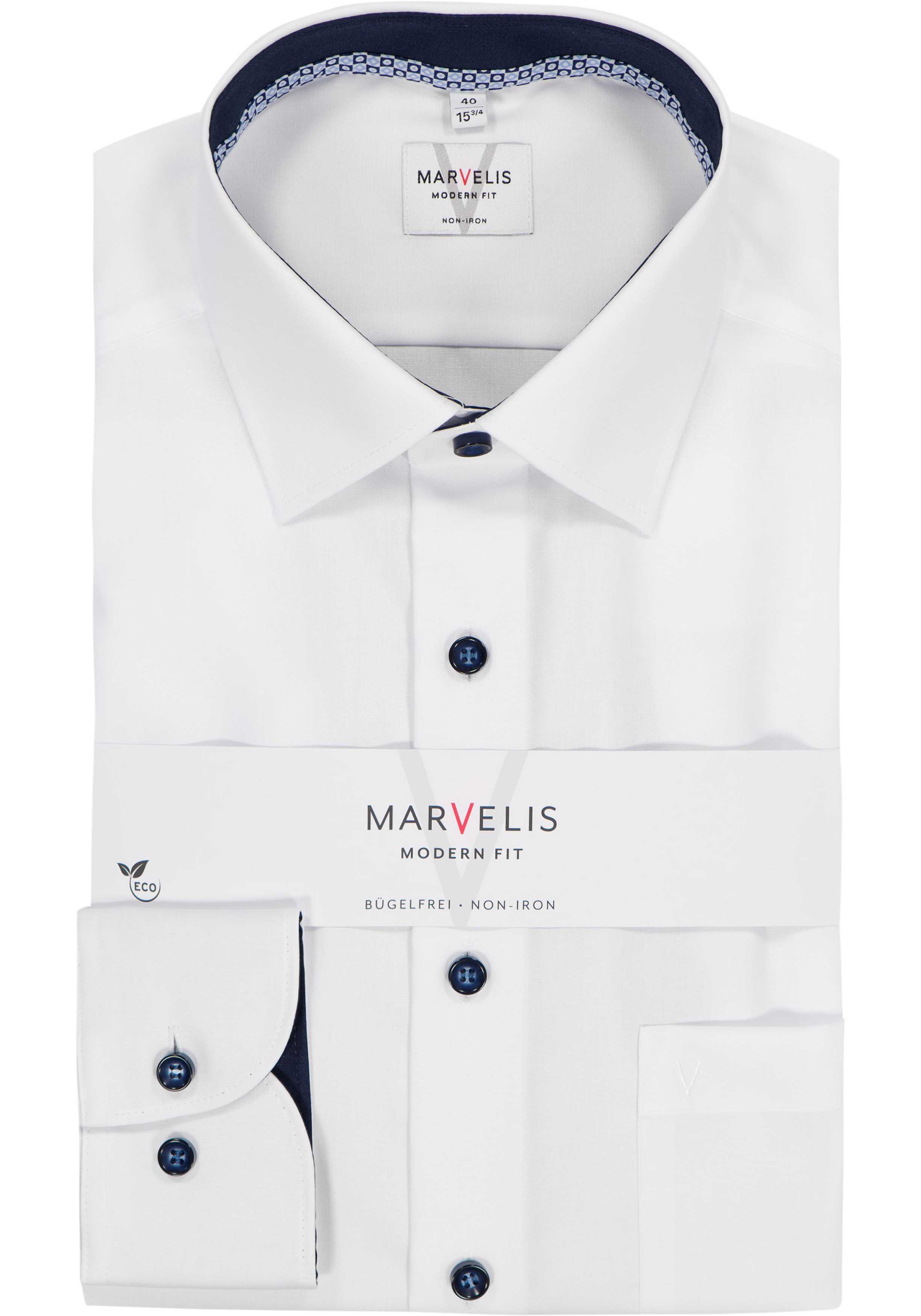 MARVELIS modern fit overhemd, popeline, wit met blauw contrast en knopen