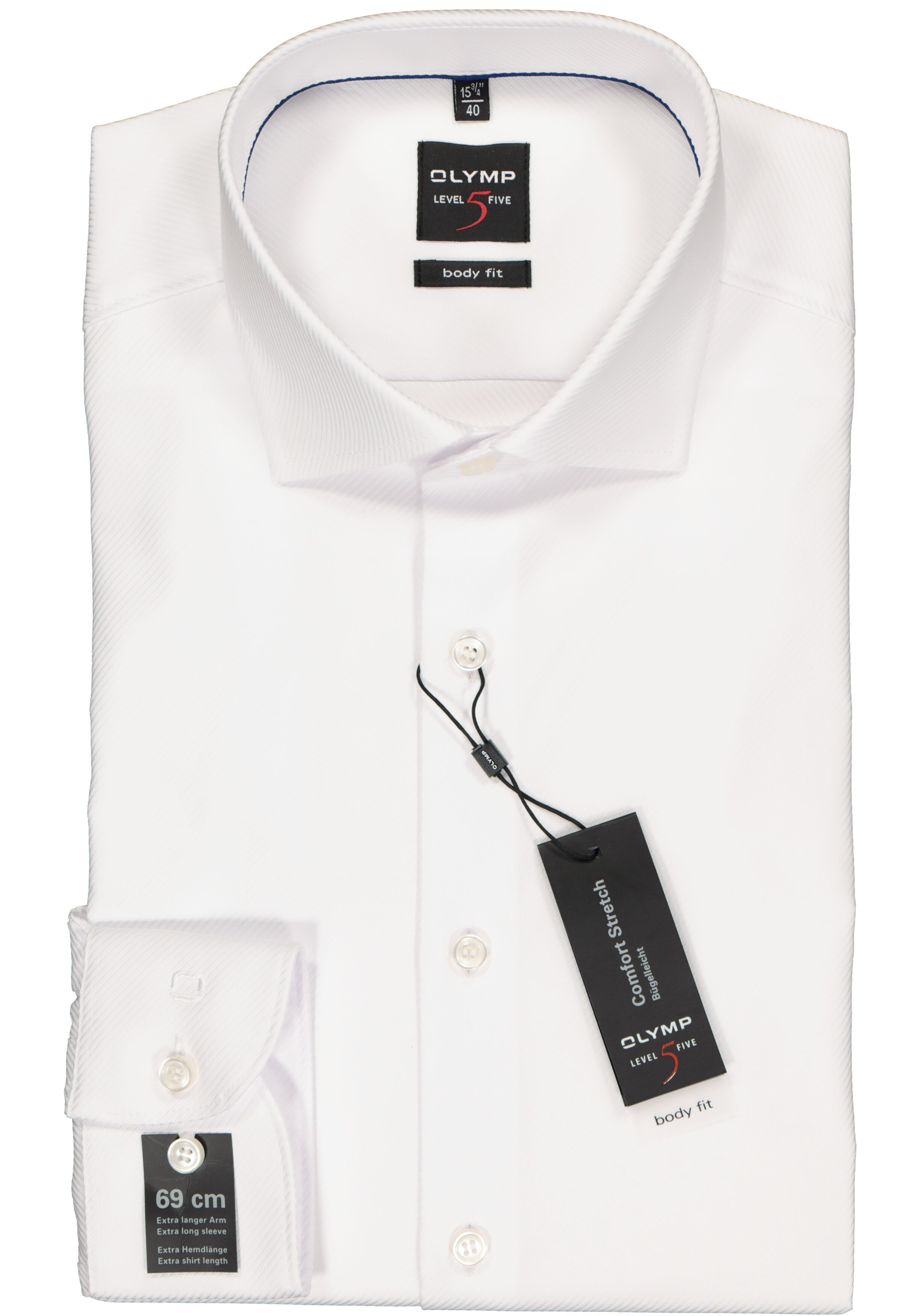 OLYMP Level 5 body fit overhemd, mouwlengte 7, wit diamant twill