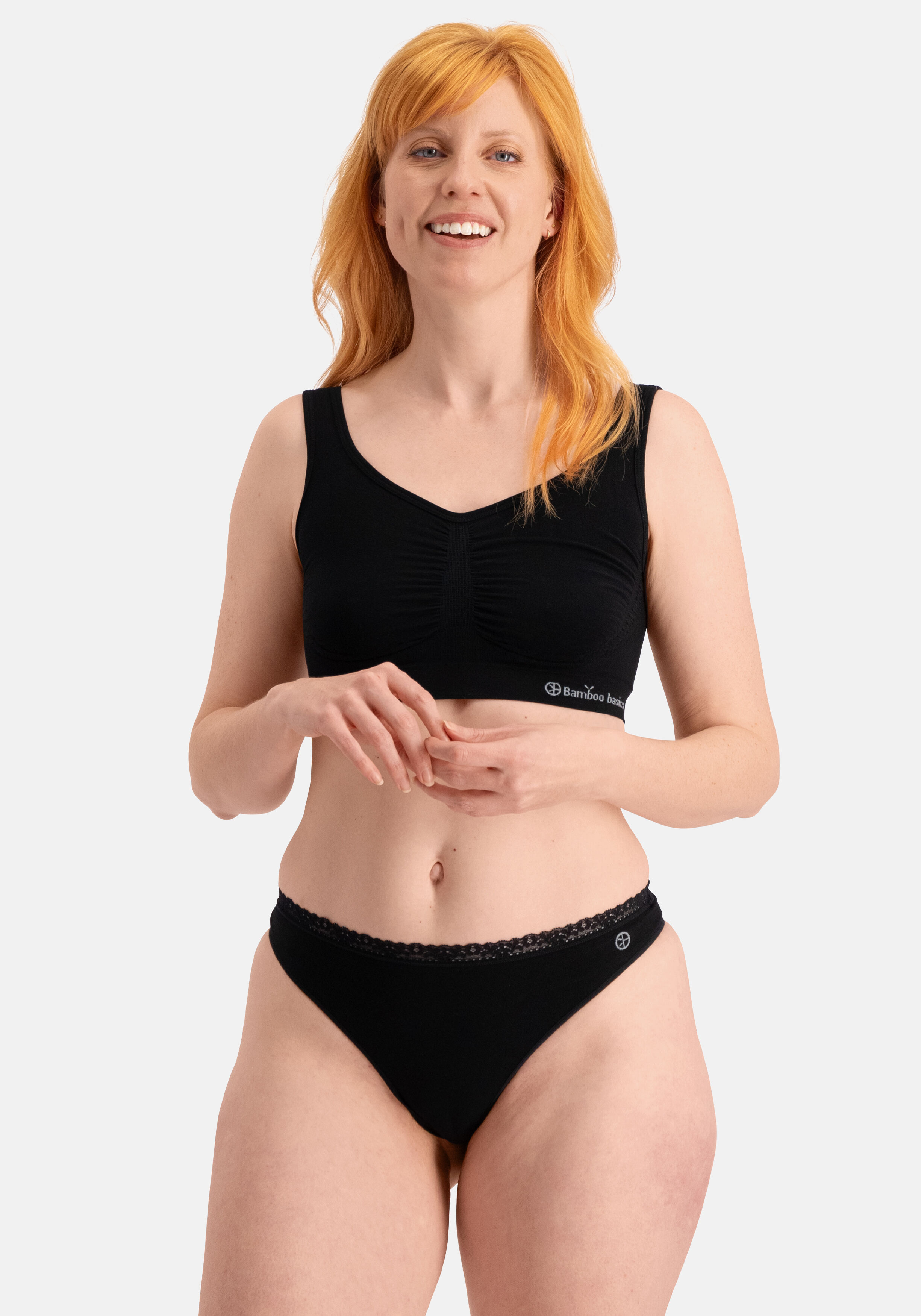 Bamboo Basics Amber seamless thong with lace edge (3-pack), dames string naadloos, zwart
