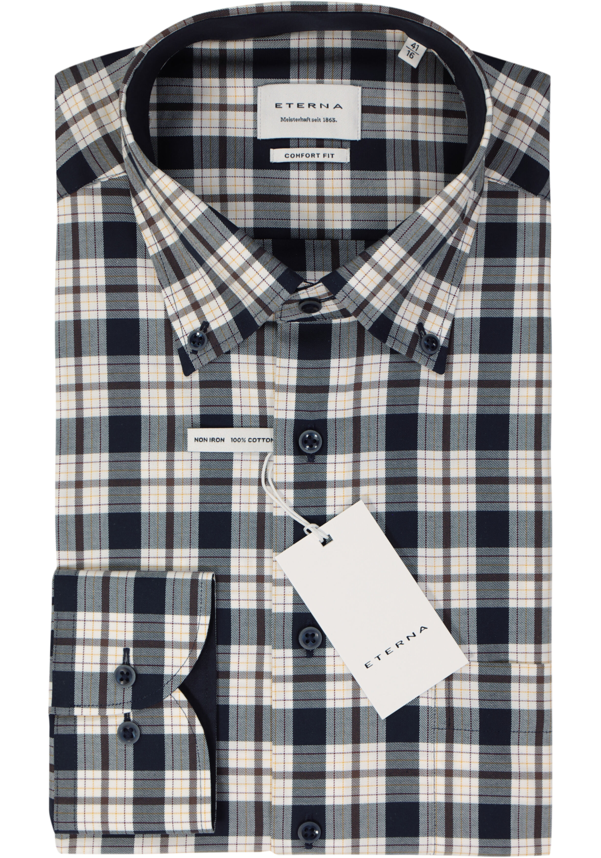 ETERNA comfort fit overhemd, twill, blauw met wit en geel geruit
