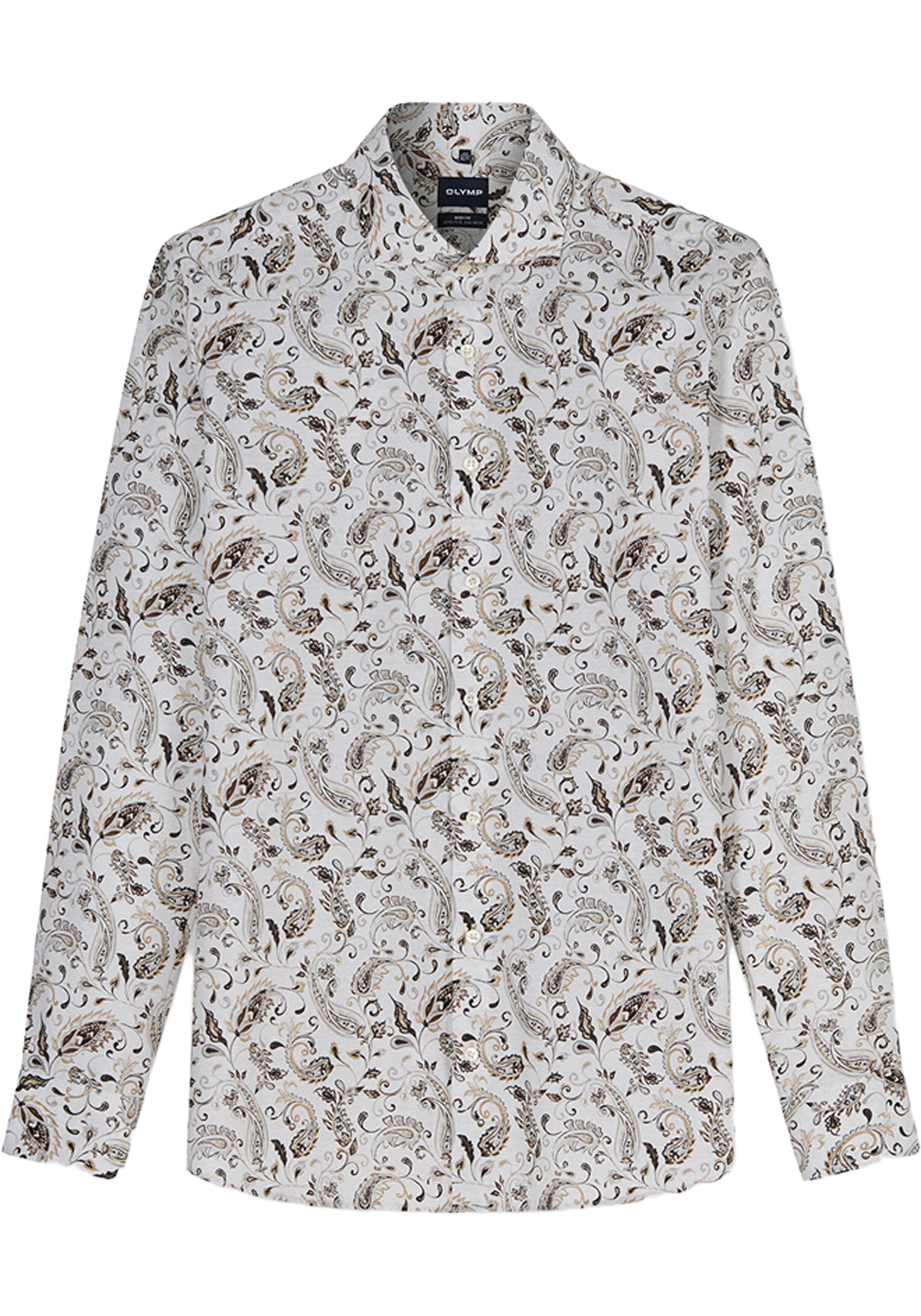 OLYMP Level 5 body fit overhemd, popeline, wit met beige en bruin dessin