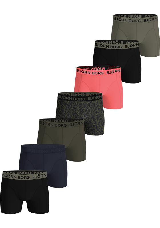 Bjorn Borg Cotton Stretch boxers, heren boxers normale lengte (7-pack), zwart, blauw, groen, koraal en luipaard print Bjorn Borg Cotton Stretch boxers, heren boxers normale lengte (7-pack), zwart, blauw, groen, koraal en luipaard print