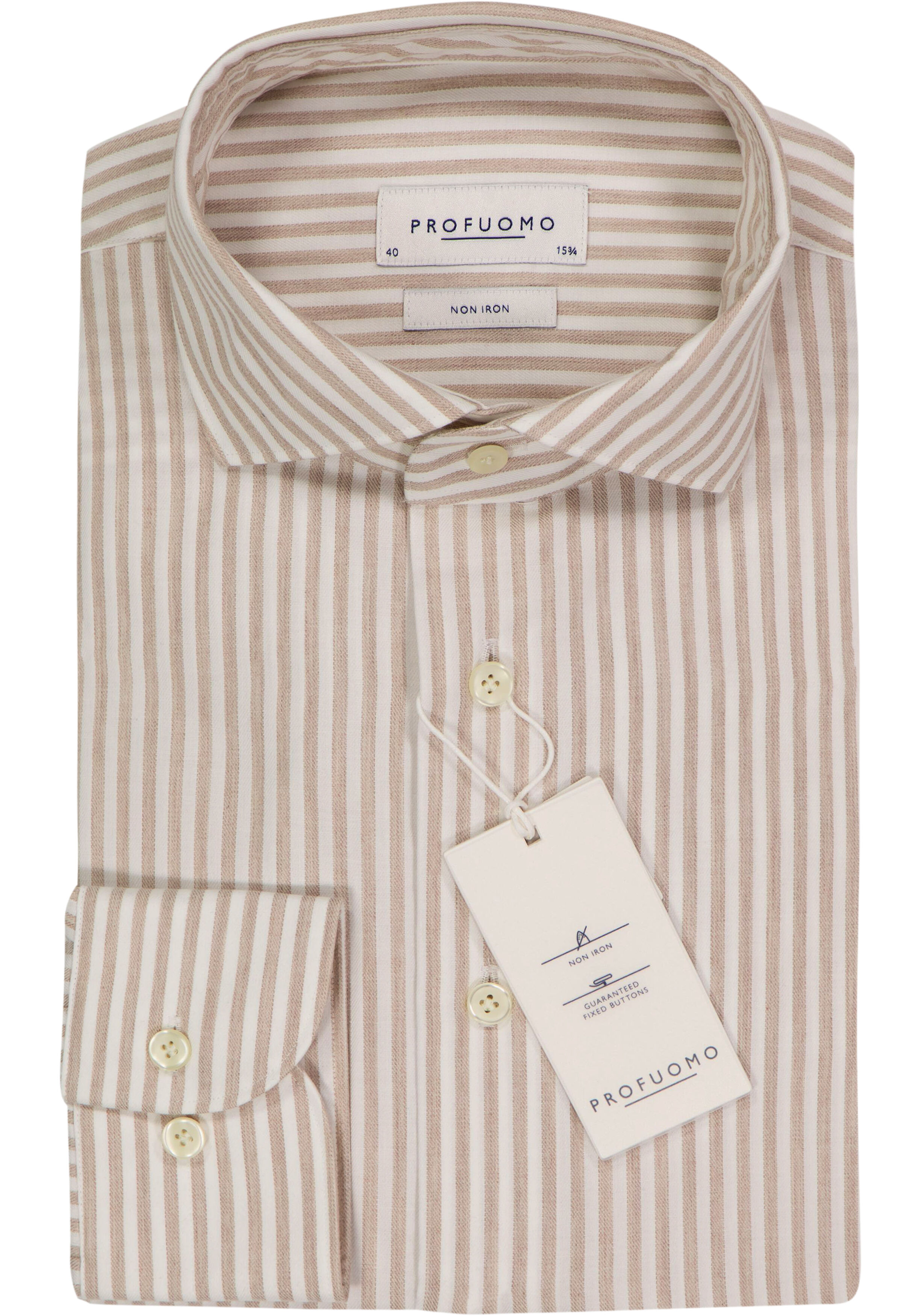 Profuomo slim fit heren overhemd, popeline, beige met wit gestreept
