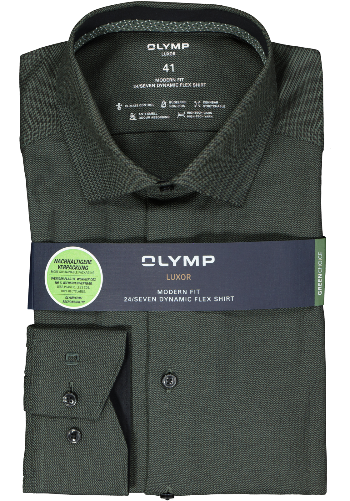 2-4066425527252_olymp-overhemd_HR OLYMP 24/7 modern fit overhemd, herringbone, olijfgroen (contrast)