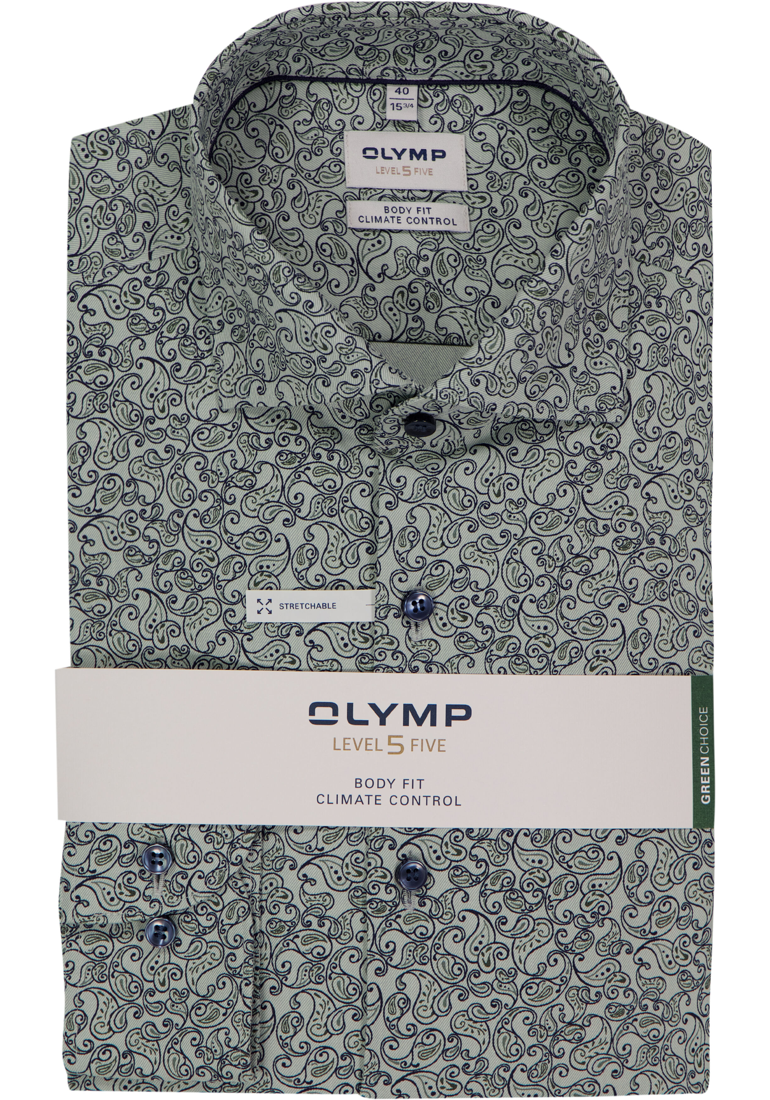 OLYMP 24/7 Level 5 body fit overhemd, dobby, licht grijsgroen dessin