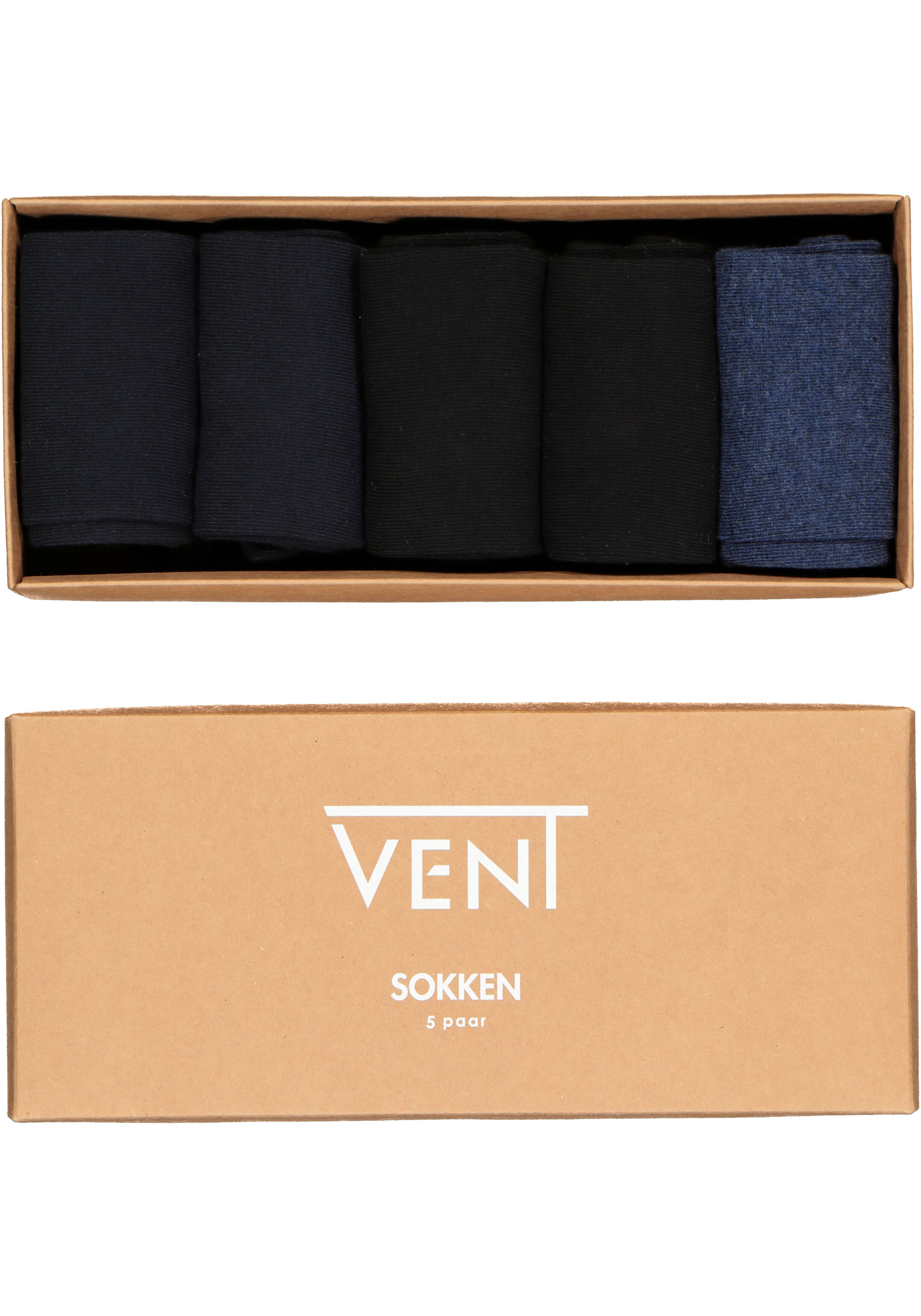 VENT herensokken katoen (5-pack), zwart, navy en jeansblauw