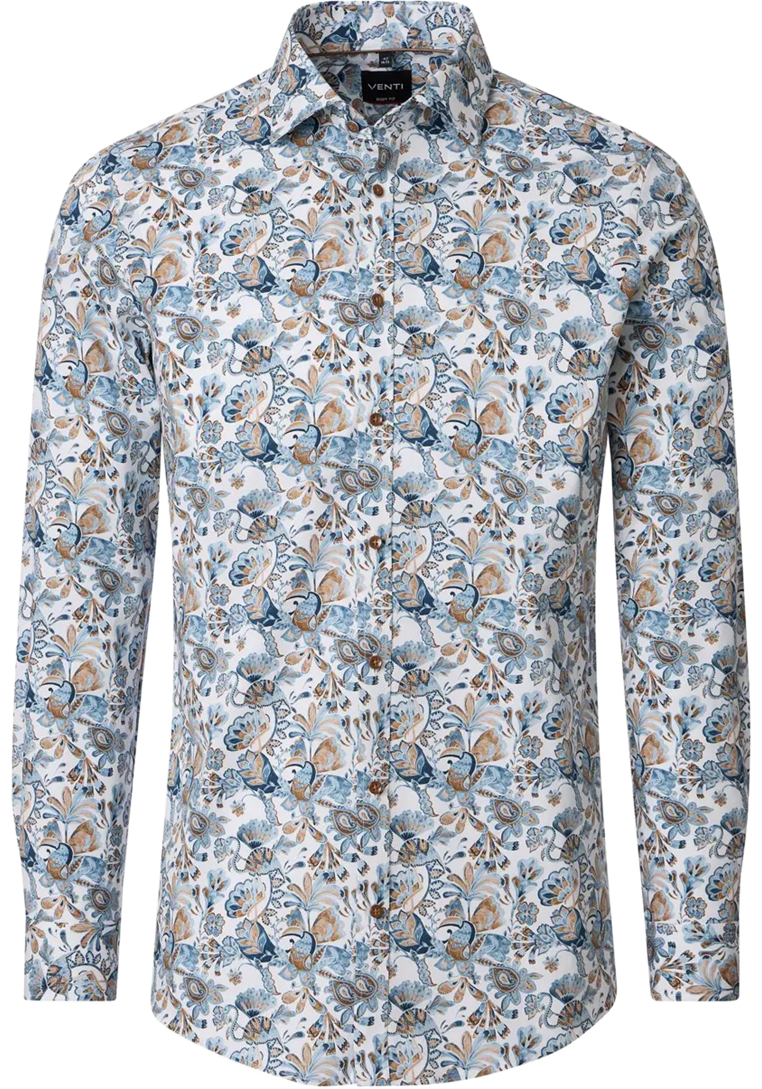 VENTI body fit overhemd, popeline, wit, blauw, bruin dessin