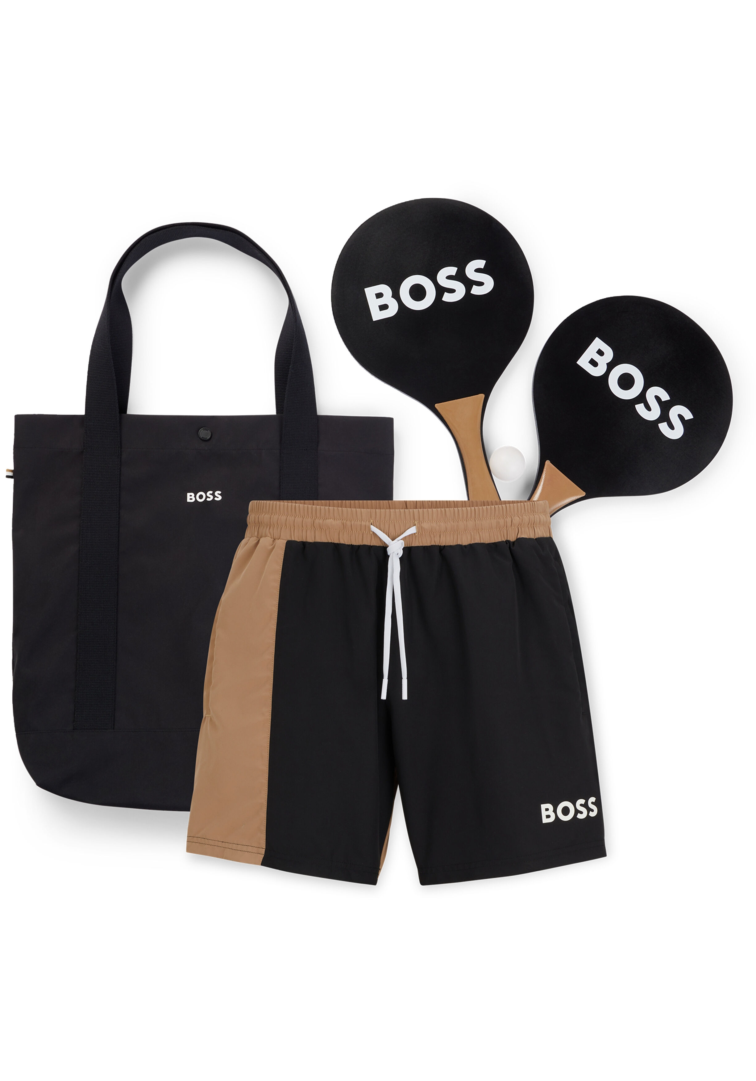 HUGO BOSS Beach Ball Set, heren zwembroek, tafeltennis set en tas, beige met zwart